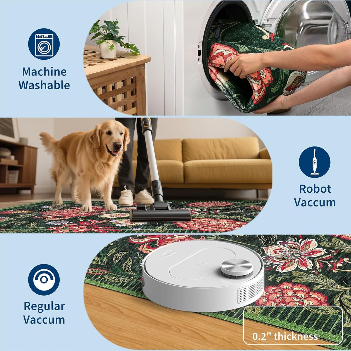 GarveeHome Forest Green Floral Botanical Washable 9x12 Rug for Living Room Soft Vintage Boho Cottage Large Rugs Low-Pile Carpet for Bedroom Dining Nursery Rug