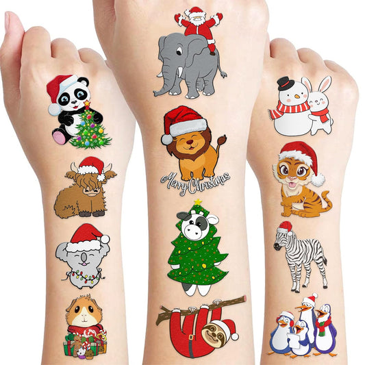100 PCS Noel Christmas Animal Temporary Tattoos Sticker Jungle Birthday Christmas Party Decorations Supplies Favors Gifts Boys Girls Safari Zoo Cute Fake Tattoo School Reward Themed Santa Claus Xmas