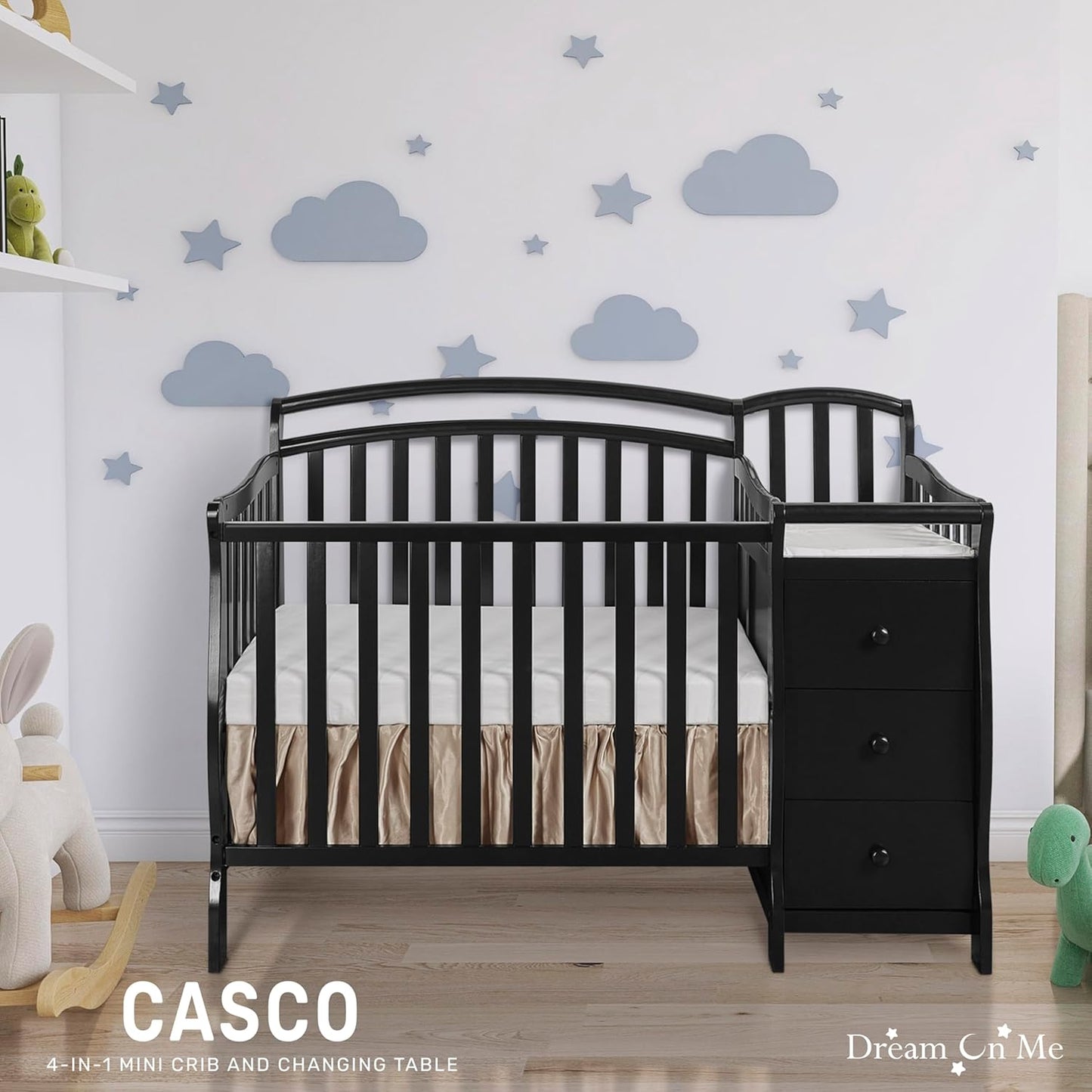 Dream On Me Casco 3-in-1 Mini Convertible Baby Crib & Changer with Storage in Black, Pinewood, GreenGuard Gold & JPMA, 1” Mattress Pad, 3 Mattress Heights, Converts to Mini Day & Twin-Size Bed