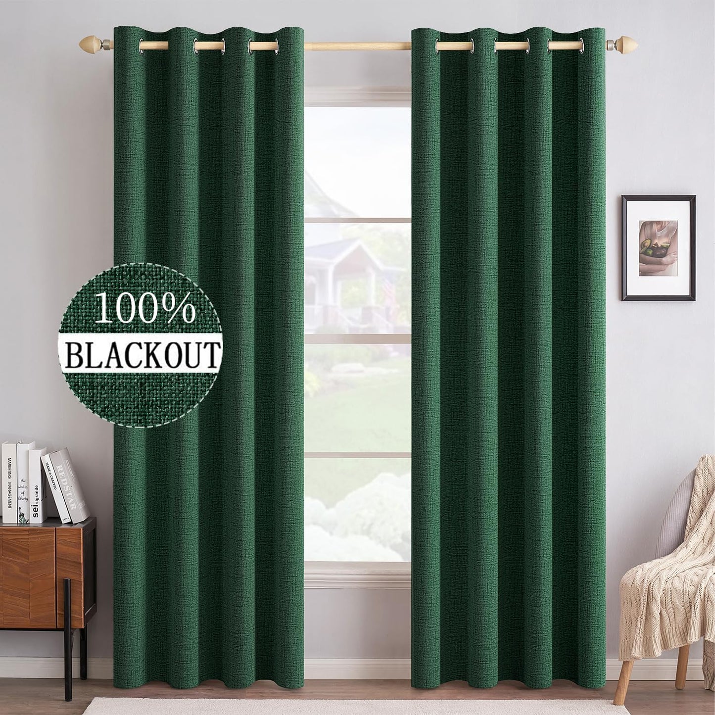 MIULEE 100% Blackout Linen Curtains for Bedroom Thermal Insulated Emerald Green Grommet Room Darkening Curtains & Drapes Christmas Decor for Living Room Nursery 52 x 84 Inch (2 Panels)