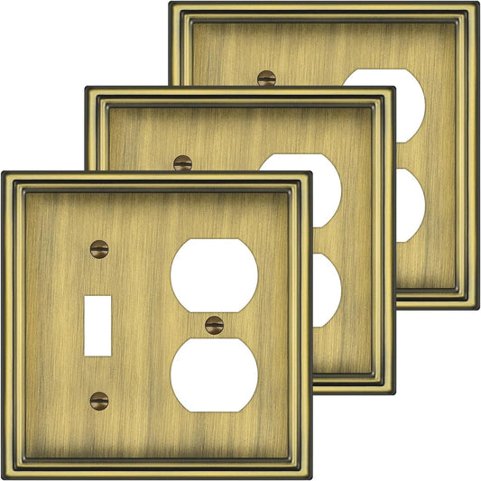 Combination Metal Light Switch Covers Wall Plate, 1 Toggle/1 Duplex Switch Plate Outlet Covers Antique Brass Decorative 2 Gang Wall Plate - Classic Style, 3 Pack