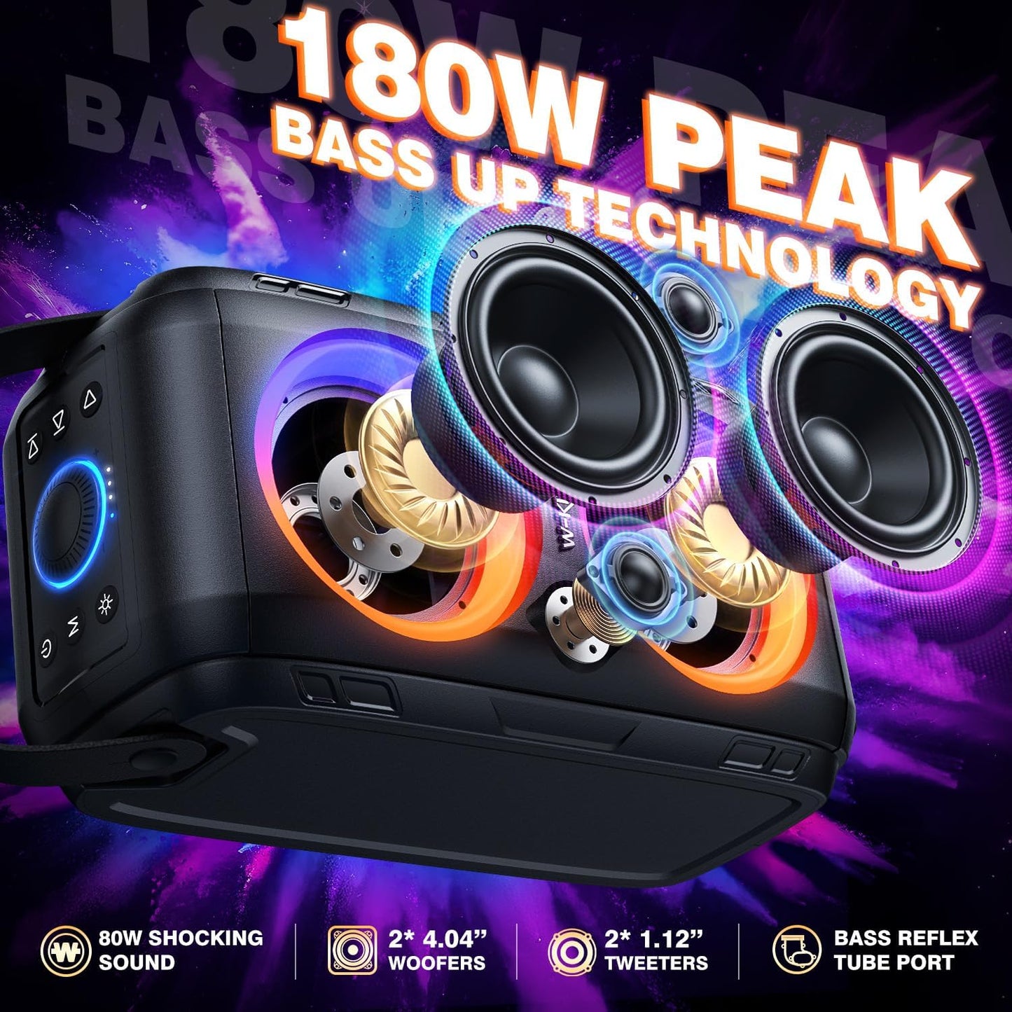 W-KING Party Loudest Portable Bluetooth Speaker Wireless Boom Box, 180W Max Big Large Outdoor Speaker 4 Drivers with 2*4.04'' Subwoofer, 80W HD Huge 105dB Pulse Natur Deep Bass, IPX5/24H/EQ/USB/TF/AUX