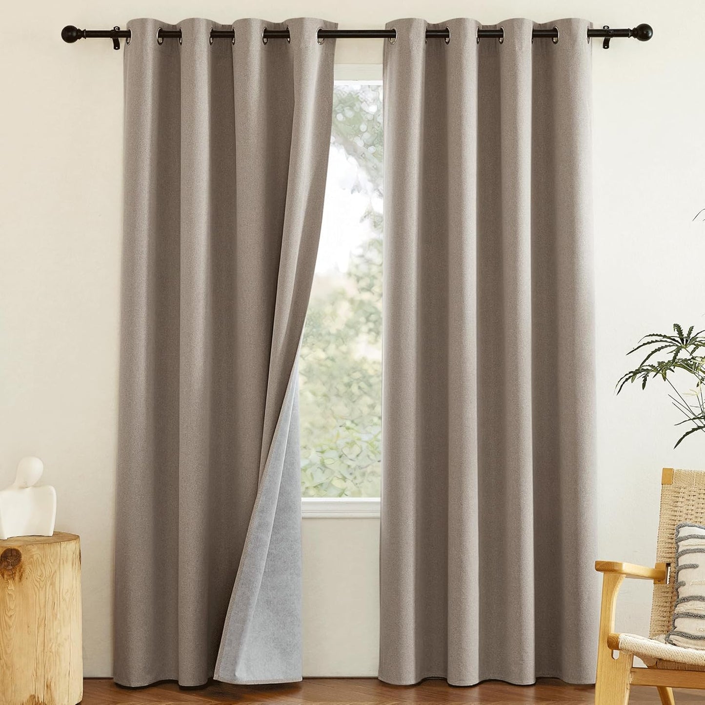 NICETOWN Bedroom Curtains, Vintage Open Faux Linen Weave Flax Thermal 100% Blackout Drapes 84" Long for Living Room, Soundproof Window Treatment Drapes for Hall Room, 52" Wide Per Panel, Set of 2