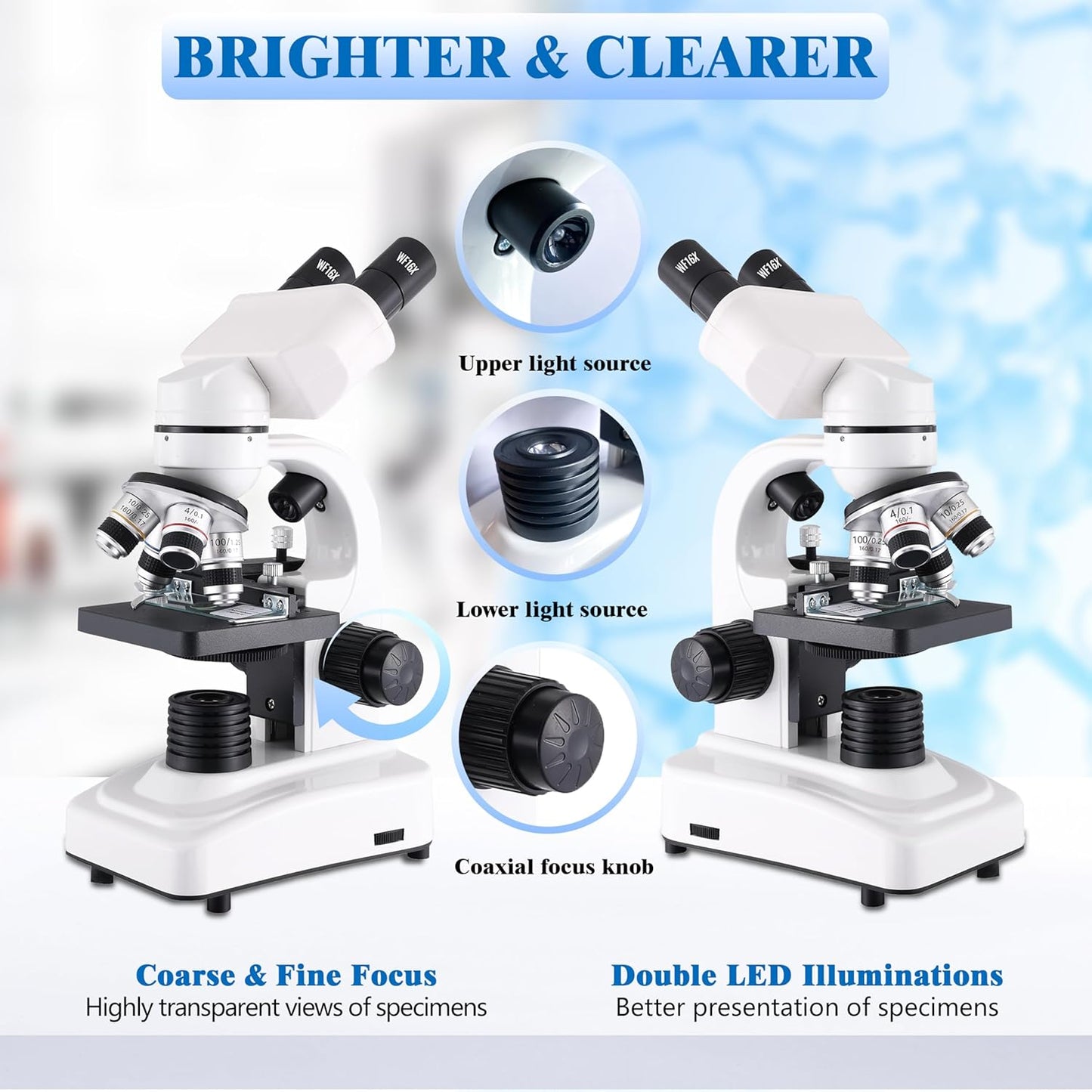 Compound Binocular Microscopes 64X-6000X with Electric Len, Microscope for Adults Kids Students, 4 Objective Lens, Biological Microscope Kit for School, Lab