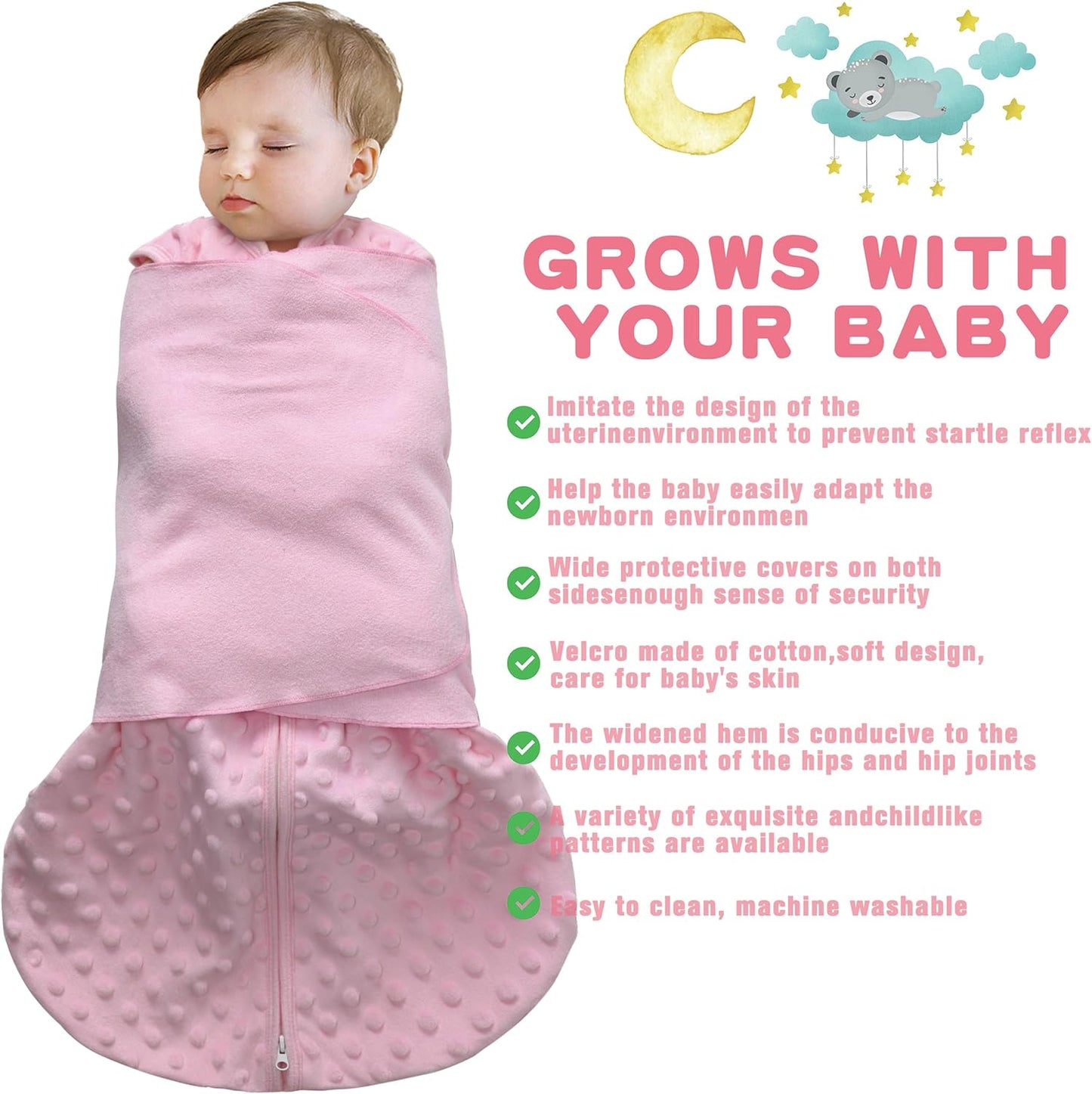 Fleece Newborn Sleep Sack Baby Swaddle,3-Way Adjustable Wearable Blanket,2 Pack Fleece Swaddling Sleeping Bag TOG 2.0， (Gray & Pink, 0-3 Months)