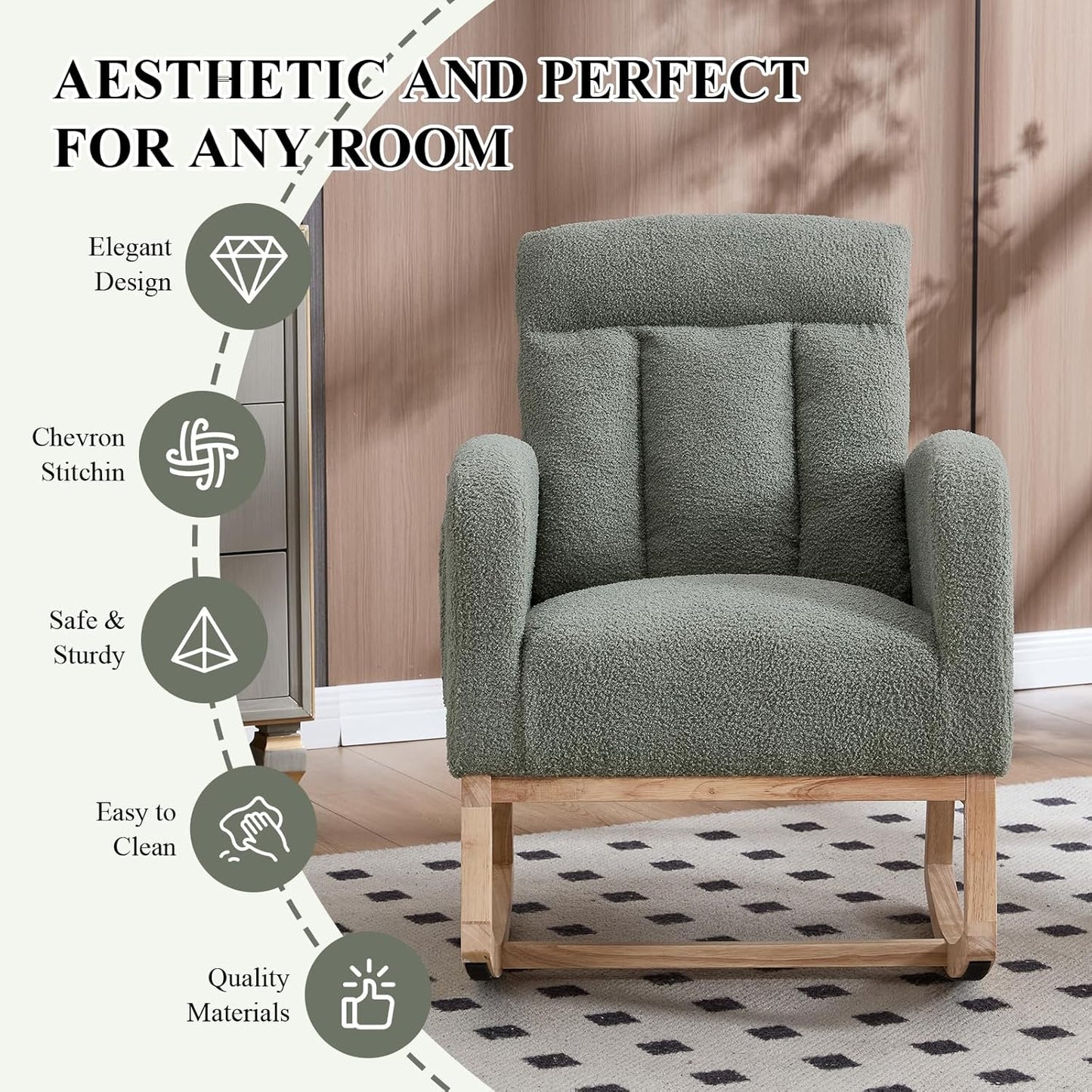 NIOIIKIT Nursery Rocking Chair, Teddy Upholstered Glider Chair with Side Pocket, Glider Rocker Chair with Tufted Back, Comfy Accent Nursing Chair for Living Room (Olive Green Modern)