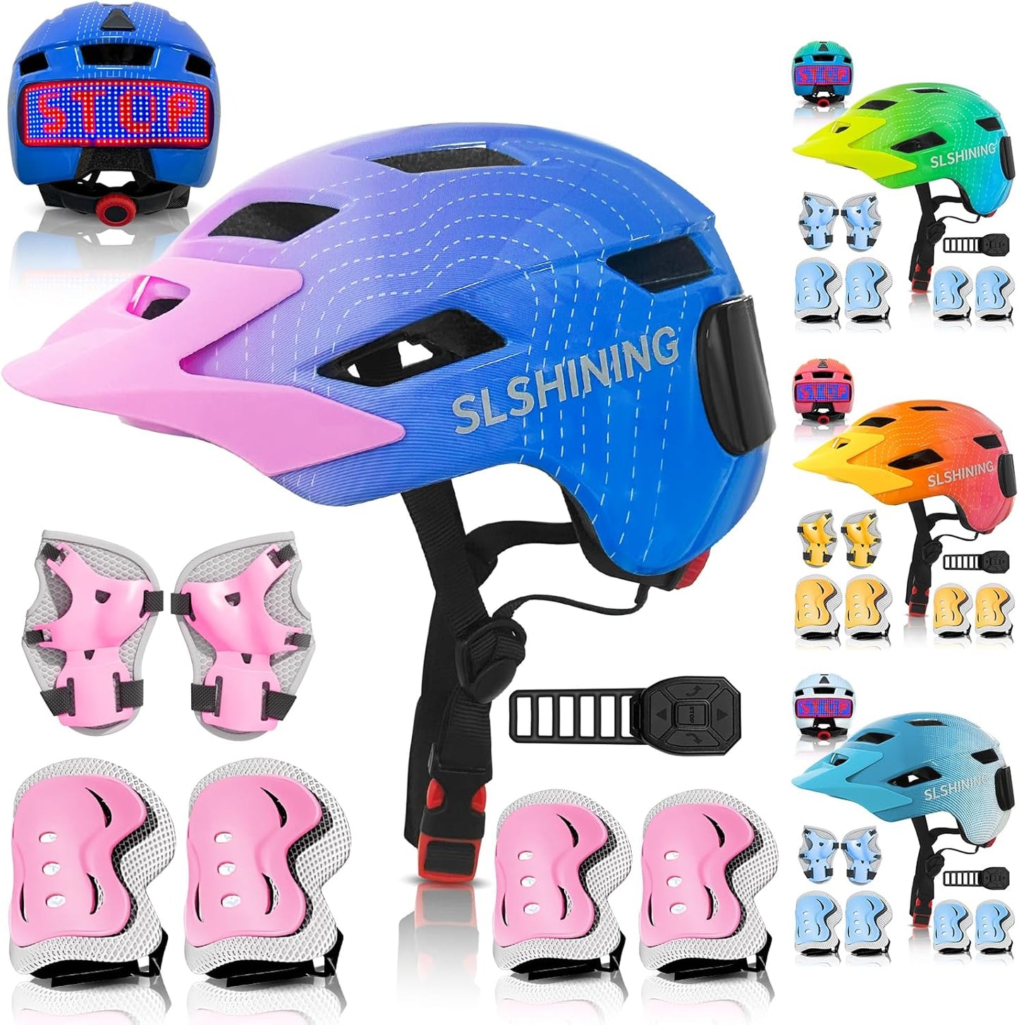 Kids Bike Helmet Toddler Helmet for Boys Girls Youth Kids with LED Lights Bicycle Helmets with Protective Gear Set Knee Elbow Wrist Pads for Cycling Skateboard Scooter Skating (Fits 20.5-22in)