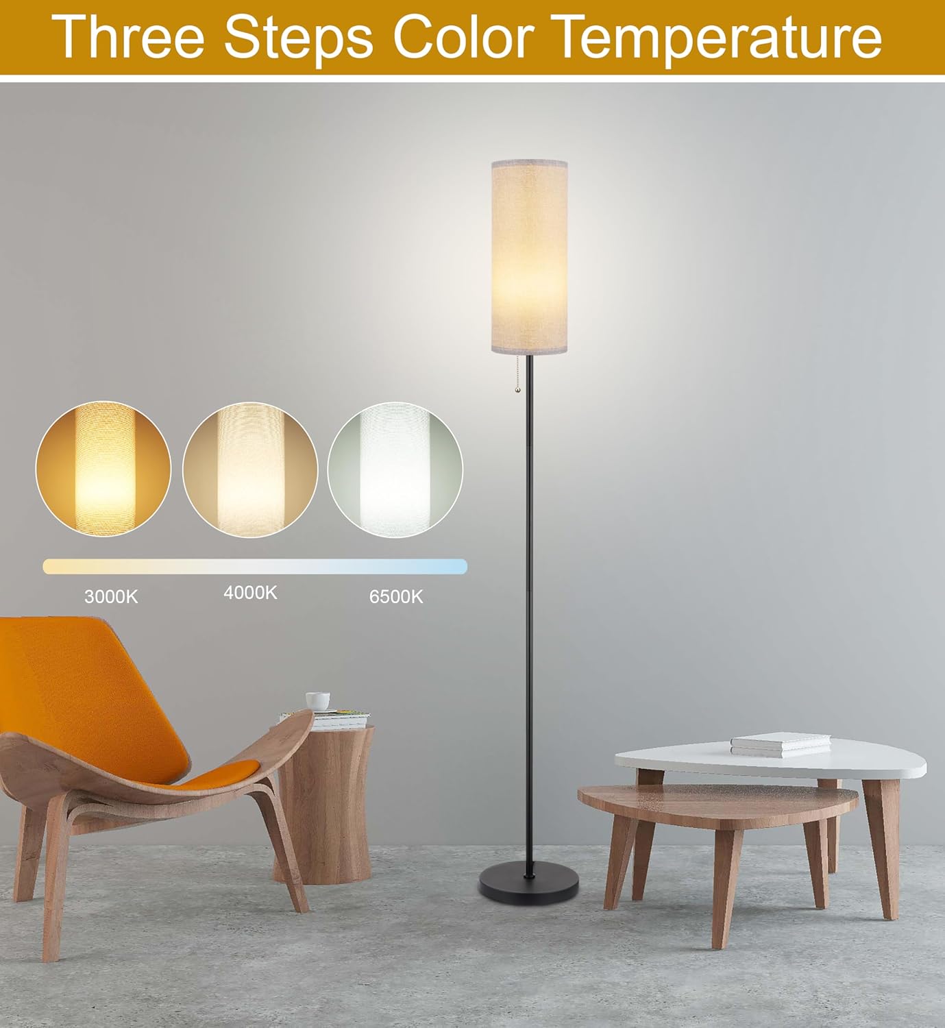 Floor Lamp for Living Room, Modern Standing Lamps with Lampshade, Minimalist Tall Lamp with Chain Switch for Living Room, LED Bulb Included (Gray Shade)