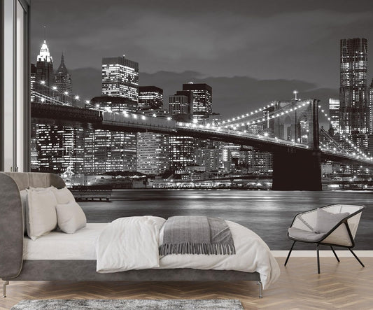 Grey City Wallpaper Brooklyn Bridge Nightscape Wall Mural for Living Room Bedroom Dining Room Office(Not Self-Adhesive)