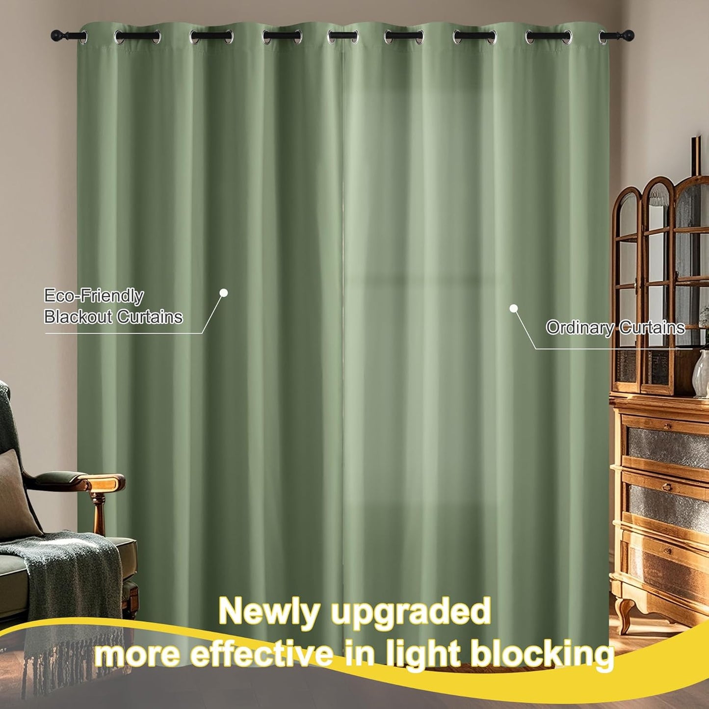 NICETOWN 100% Blackout Short Curtains for Kids Bedroom, Thermal Insulated Window Curtains 63 Inch Length 2 Panels Set, Grommet Top Drapes for Living Room, 52" W x 63" L, Olive