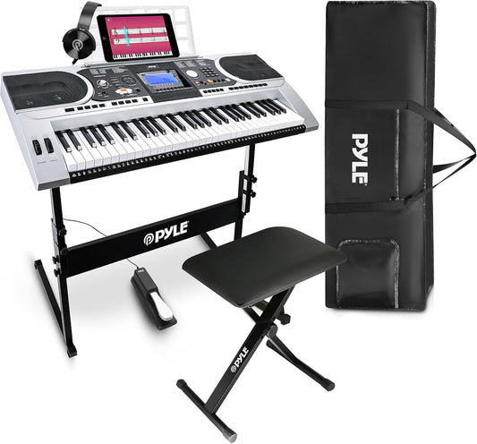 Pyle, Digital Musical Karaoke Portable Electronic Piano Includes Water-Resistant Case Bag, Keyboard Stand, Sustain Pedal & Headset (61 Keys), Compact (PKBRD6175P)