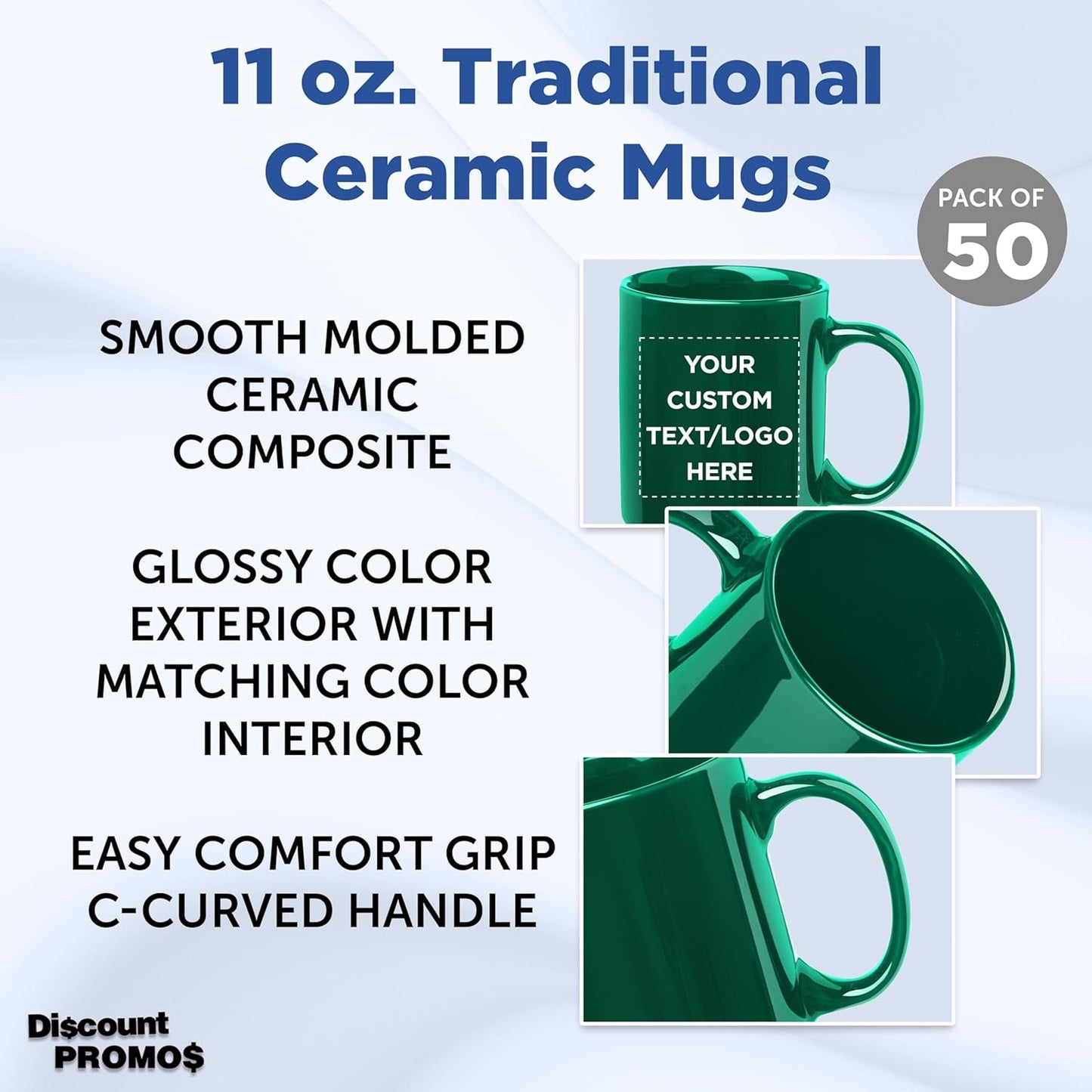 Custom Ceramic Coffee Mugs 11 oz. Set of 50, Personalized Bulk Pack - Coffee cup set, Iced coffee cup, Gaming mug - Green