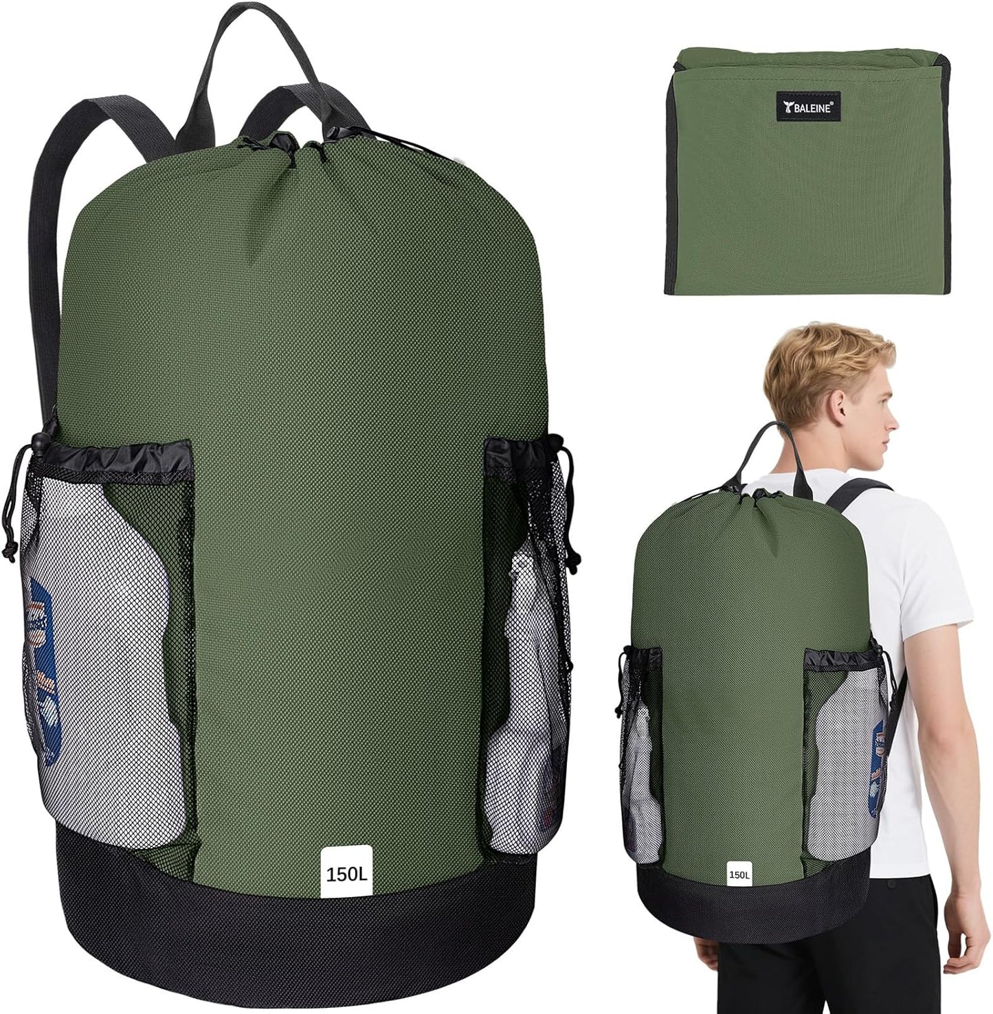 BALEINE 150L Laundry Bag Backpack, 900D Oxford Fabric Large Travel Laundry Bags with Shoulder Straps and 2 Mesh Pockets for College Dorm, Apartment, Laundromat (Green, 150L)