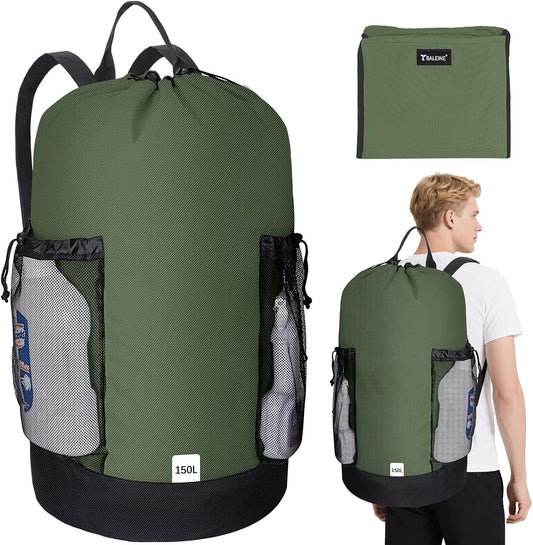BALEINE 150L Laundry Bag Backpack, 900D Oxford Fabric Large Travel Laundry Bags with Shoulder Straps and 2 Mesh Pockets for College Dorm, Apartment, Laundromat (Green, 150L)