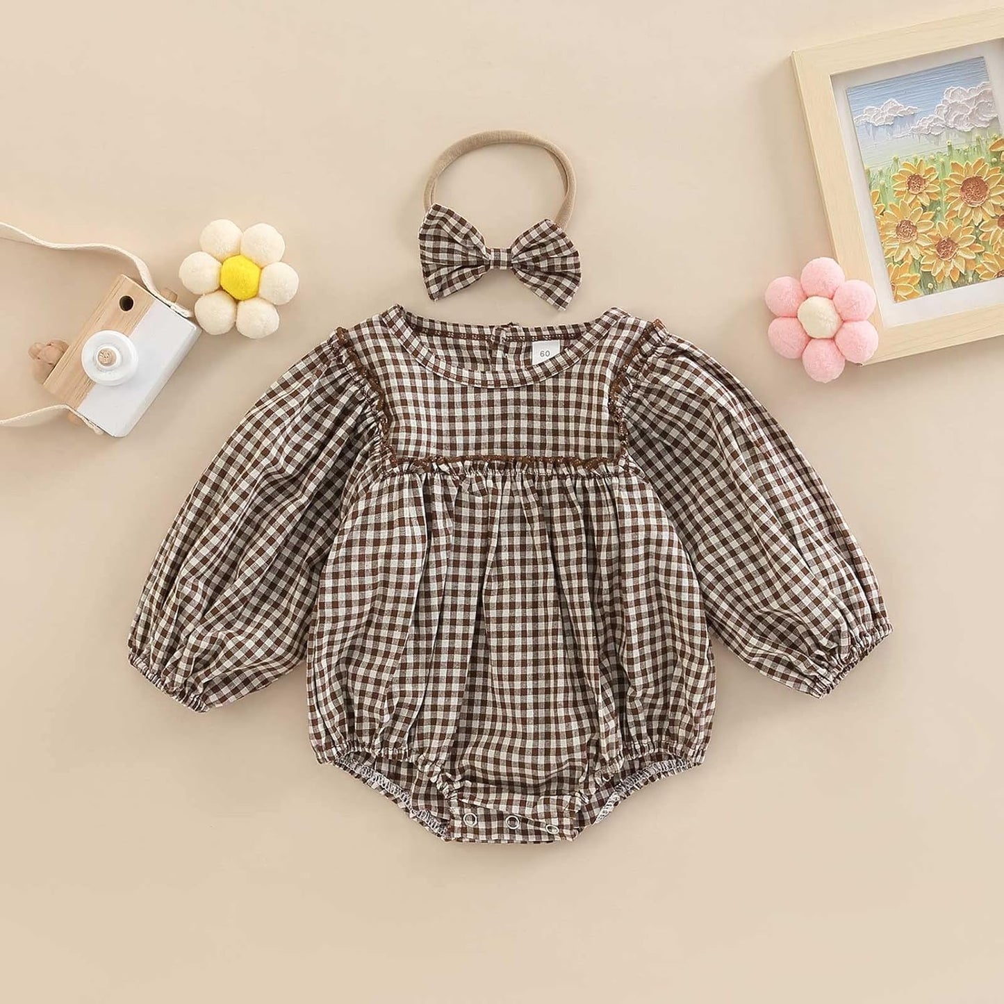 Douhoow Infant Baby Girl Plaid Romper Baby Sweatshirt Romper Ruffle Festival Clothes Fall Winter Outfits with Headband