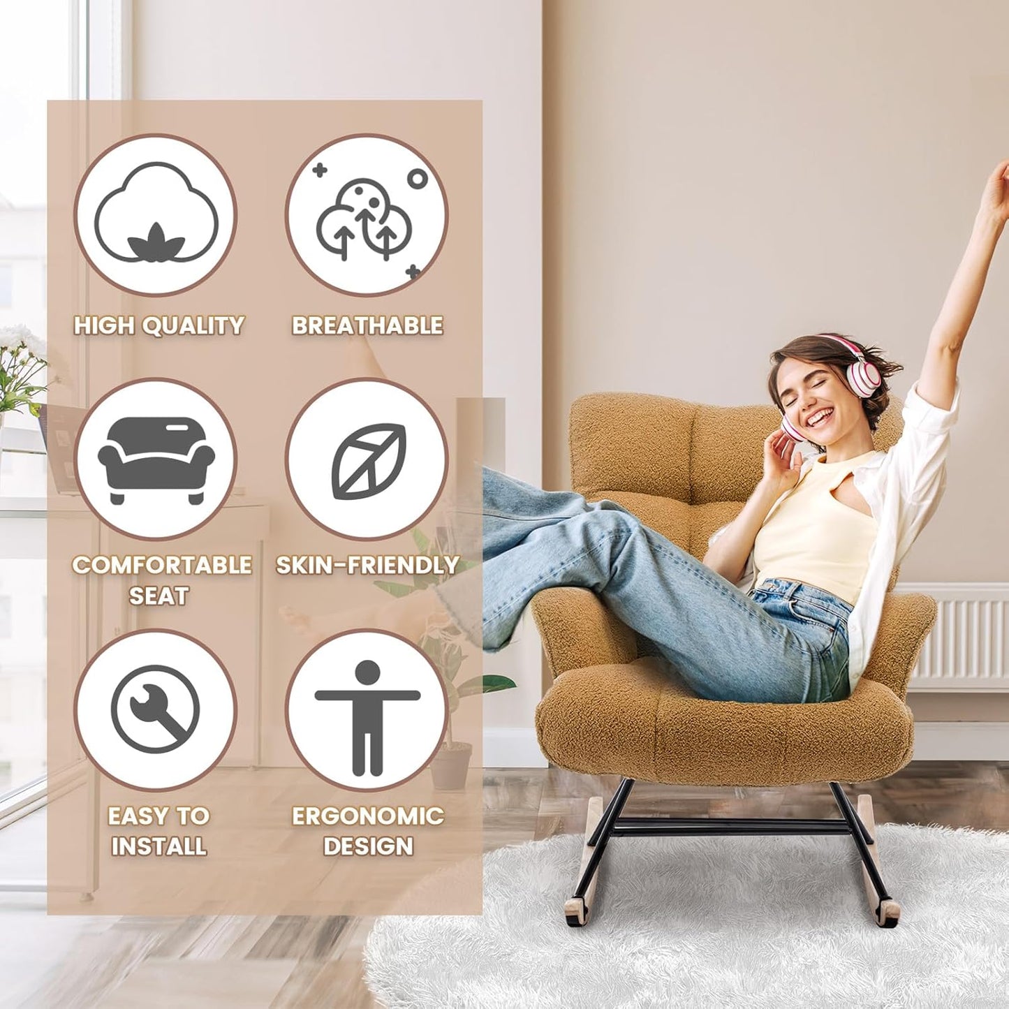 Rocking Chair Nursery Teddy Upholstered Glider Rocker Rocking Accent Chair Padded Seat with High Backrest Armchair Comfy Side Chair for Living Room Bedroom Offices (Brown Teddy)