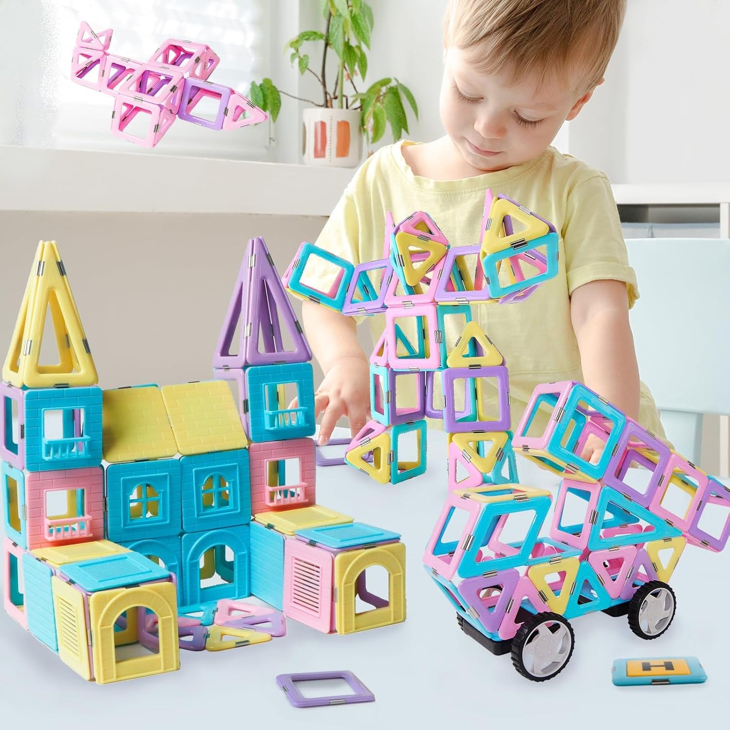 Magnetic Tiles Building Blocks Toys for Kids, 136 Pieces 3D Creative Castle Construction Magnetic Stacking Set Preschool Intelligence STEM Toys for Girls Boys Age 3years and Up (Educational Set)