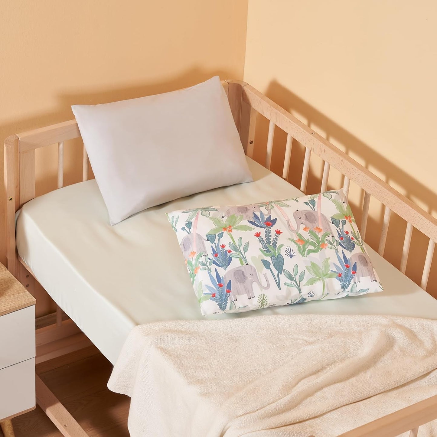 TILLYOU Toddler Pillowcases 13 x 18 Travel Pillow Case 2 Pack, Kids Pillowcases Machine Washable with Envelope Closure, Rainforest Elephant & Grey