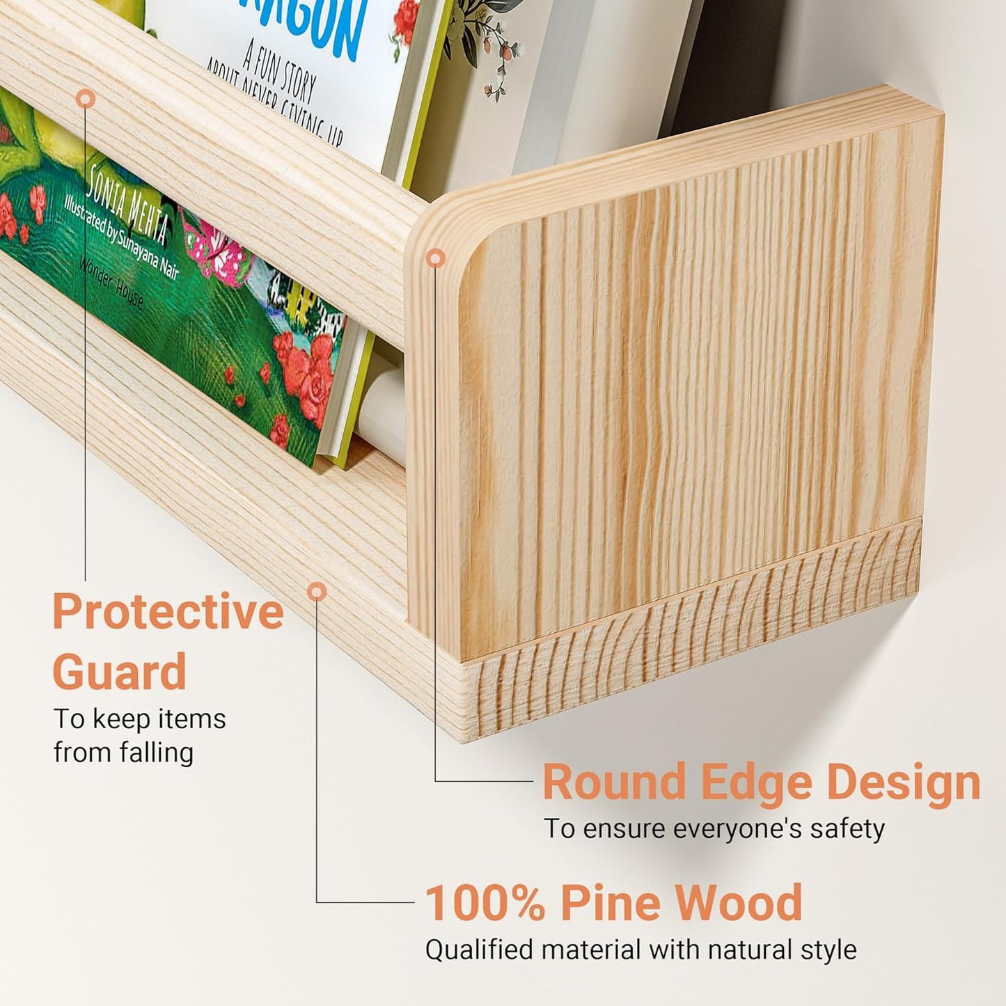 Heimlove Nursery Floating Shelves, Wood Nursery Book Shelves for Wall, 16 inch Wall Bookshelf for Kids Solid Wood Wall Mounted Shelves for Books,Toys and Decor Storage, Set of 2