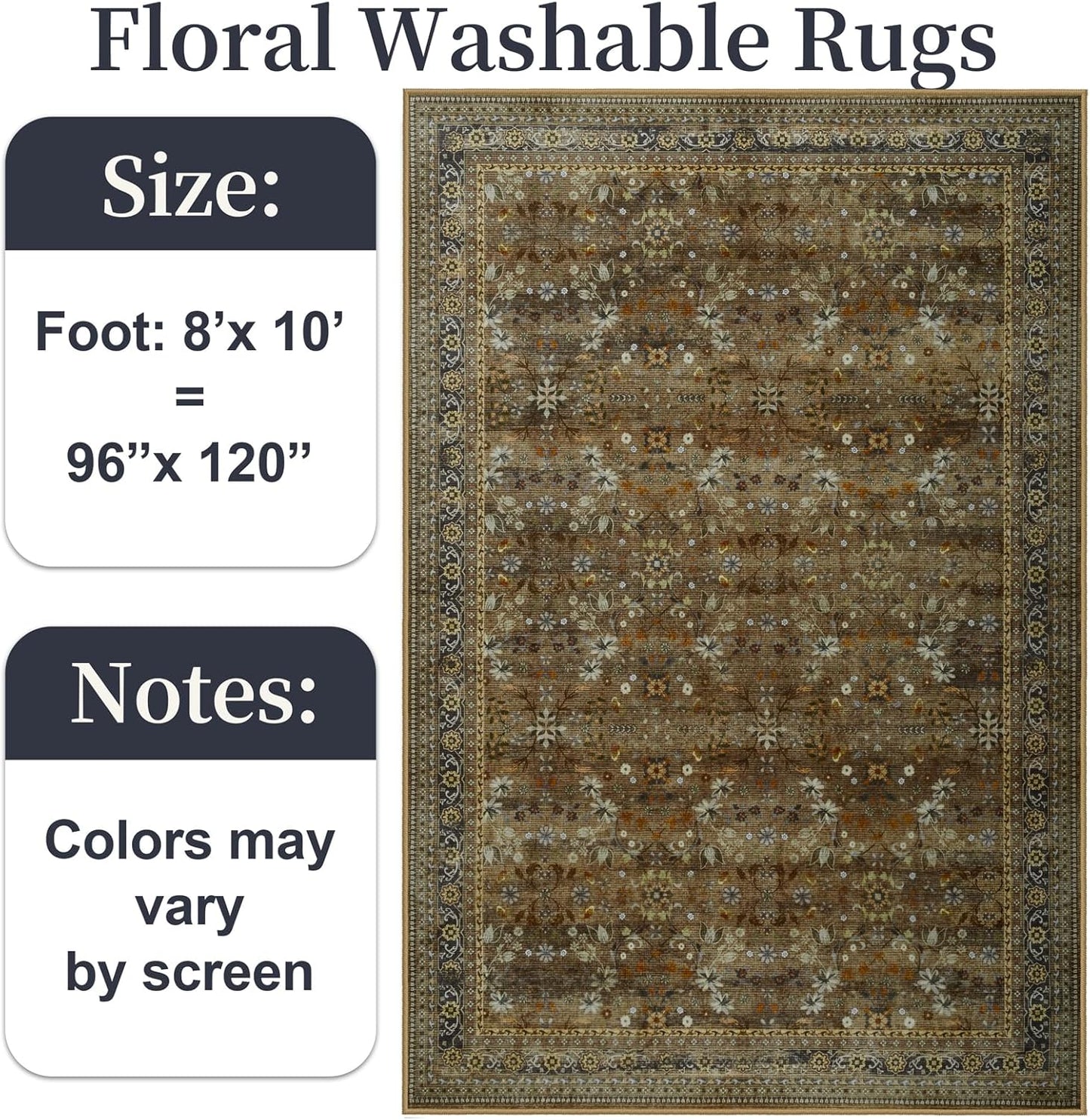 Large 8x10 Washable Area Rug for Living Room, No Shedding Vintage Floral Print Rugs Non Slip, Indoor Foldable Thin Retro Accent Carpet for Bedroom Farmhouse Dining Room Brown/Yellow