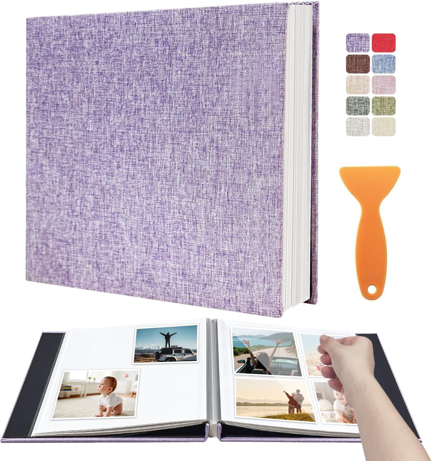 Large Photo Album Self Adhesive Scrapbook Album for 4×6 5×7 8×10 Pictures DIY Magnetic Linen Cover Album 40 Pages for Family Wedding Gifts with Metal Pen and Plastic Board, Light Purple