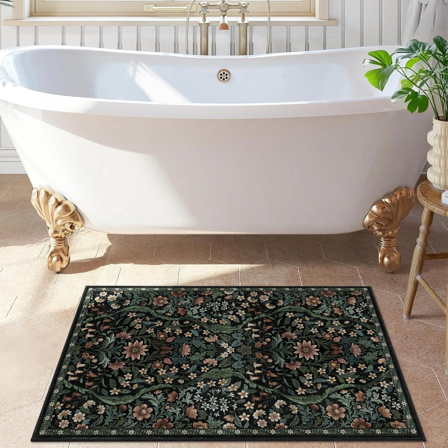 Floral 2x3 Entryway Rug,Washable Front Door Mat Indoor Non Slip Low Pile Small Carpet, Soft Black Boho Botanical Throw Rug for Bathroom Bedroom Kitchen Laundry Indoor Entrance