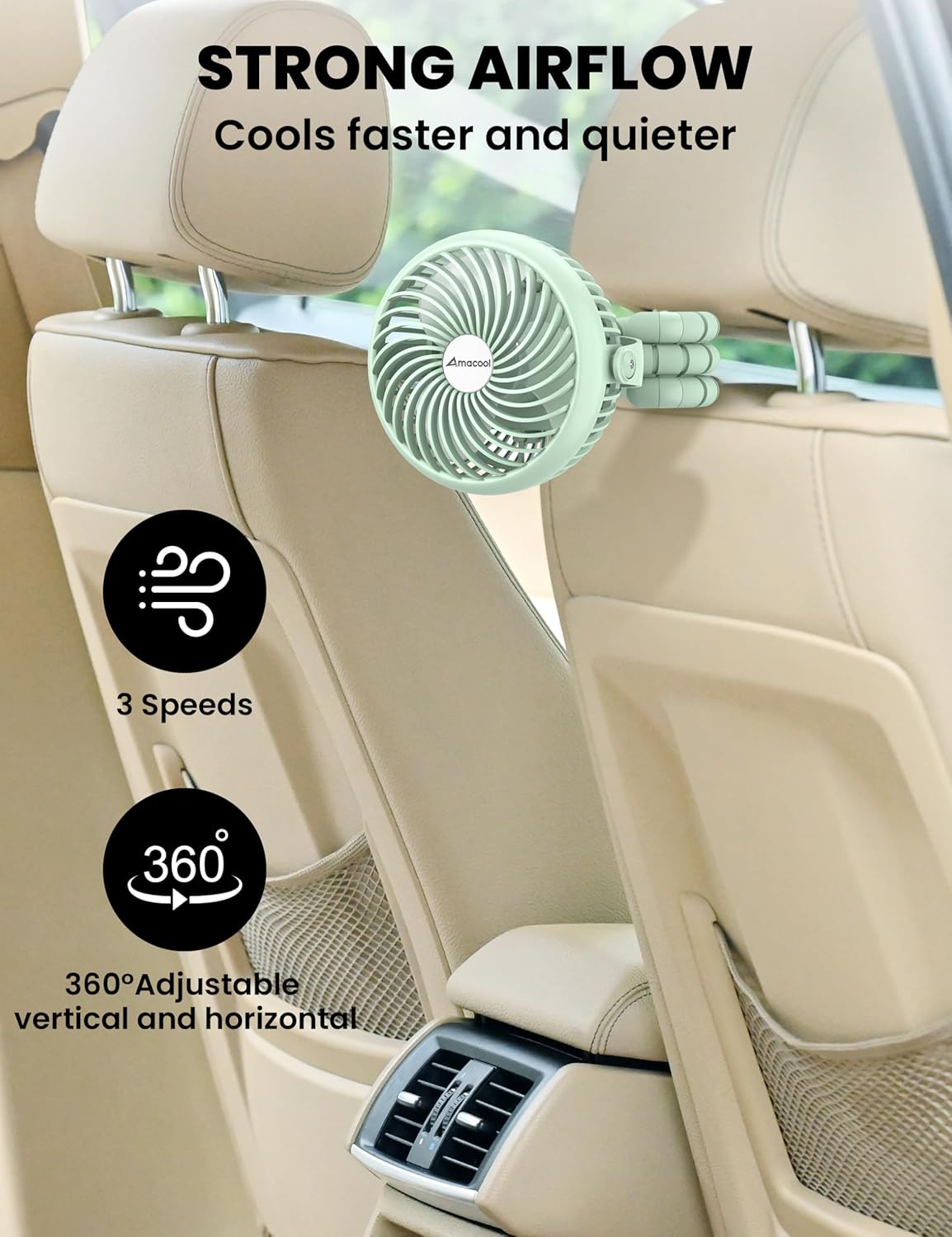 AMACOOL Baby Stroller Fan - 5000mAh Rechargeable, 3-Speed, Strong Yet Quiet, 360°Rotate Portable Clip on Fan for Travel, Car Seat, Crib, Bike, Treadmill, Beach Vacation Essentials
