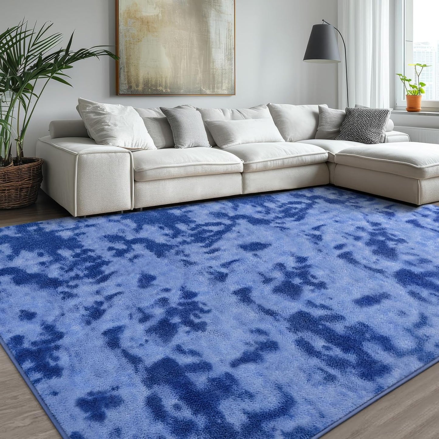 Kimicole 4x6 Washable Area Rugs for Bedroom Living Room, Low Pile Ulta-Thin Solid Color Rug, Non-Slip Soft Fluffy Carpet for Nursery Kids Room Dorm Room Home Decor (Blue)