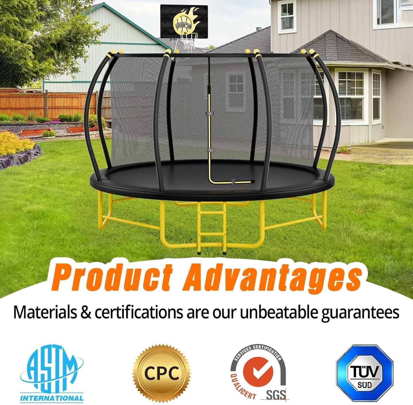 14FT Pumpkin Trampoline with Basketball Hoop, Balance Bar and Enclosure Net, Outdoor Trampoline for Kids and Adults, Capacity 880 lbs