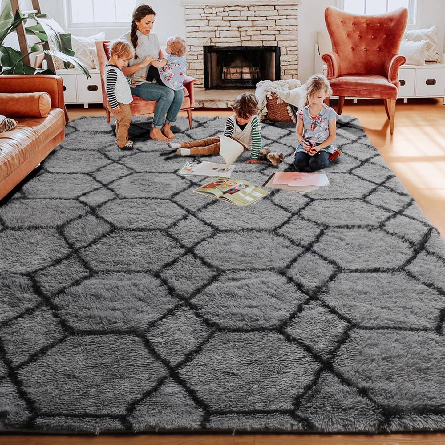 ONASAR Bedroom Living Room Area Rugs 5x8, Grey and Black Geometric Rug Floor Mat for Home Decor Aesthetic, Soft Shaggy Plush Fluffy Moroccan Carpet for Teen Nursery Playroom Dorm Classroom