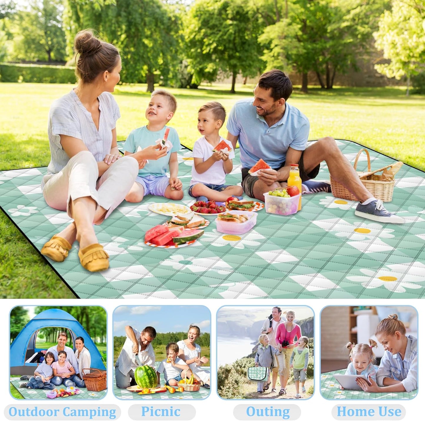 Extra Large Picnic Blanket Waterproof,80"x 80"Foldable Machine Washable Beach Blanket,Outdoor Blanket for 6-8 Adults,Suitable for Indoor Crawling,Park Beach,Camping,Hiking,Family Travel(Light green)