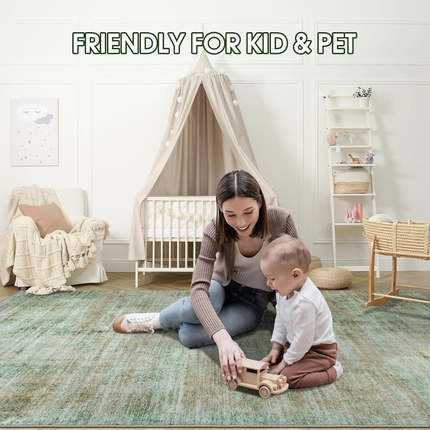 Area Rug 5x7 Living Room Rugs: Abstract Large Washable Rugs with Non-Slip Backing, Thin Carpet for Dining Room Table Bedroom Nursery Indoor Home Office-Green