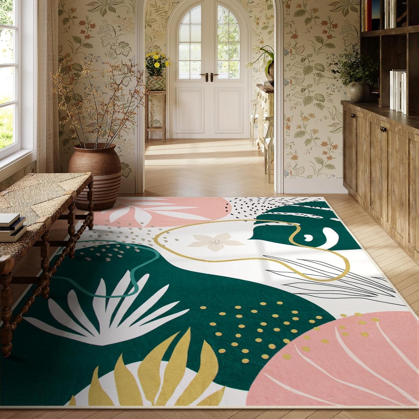 Lahome Washable 8x10 Rug - Non-Slip Living Room Rugs 8x10 Ultra-Thin Large Soft Bedroom Rugs, Boho Botanical Print Indoor Stain Resistant Floor Rug for Dining Room Table Office (8'x10',Green/Pink)