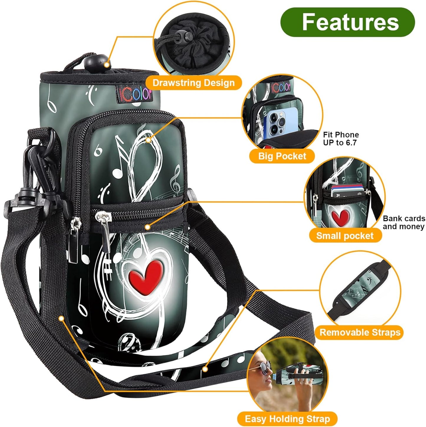 icolor Water Bottle Carrier Bag with Strap 25/32/40 oz Crossbody Bottle Holder with Phone Pocket Sling Sleeve Insulated Neoprene Water Bottle Pouch for Walking Travelling