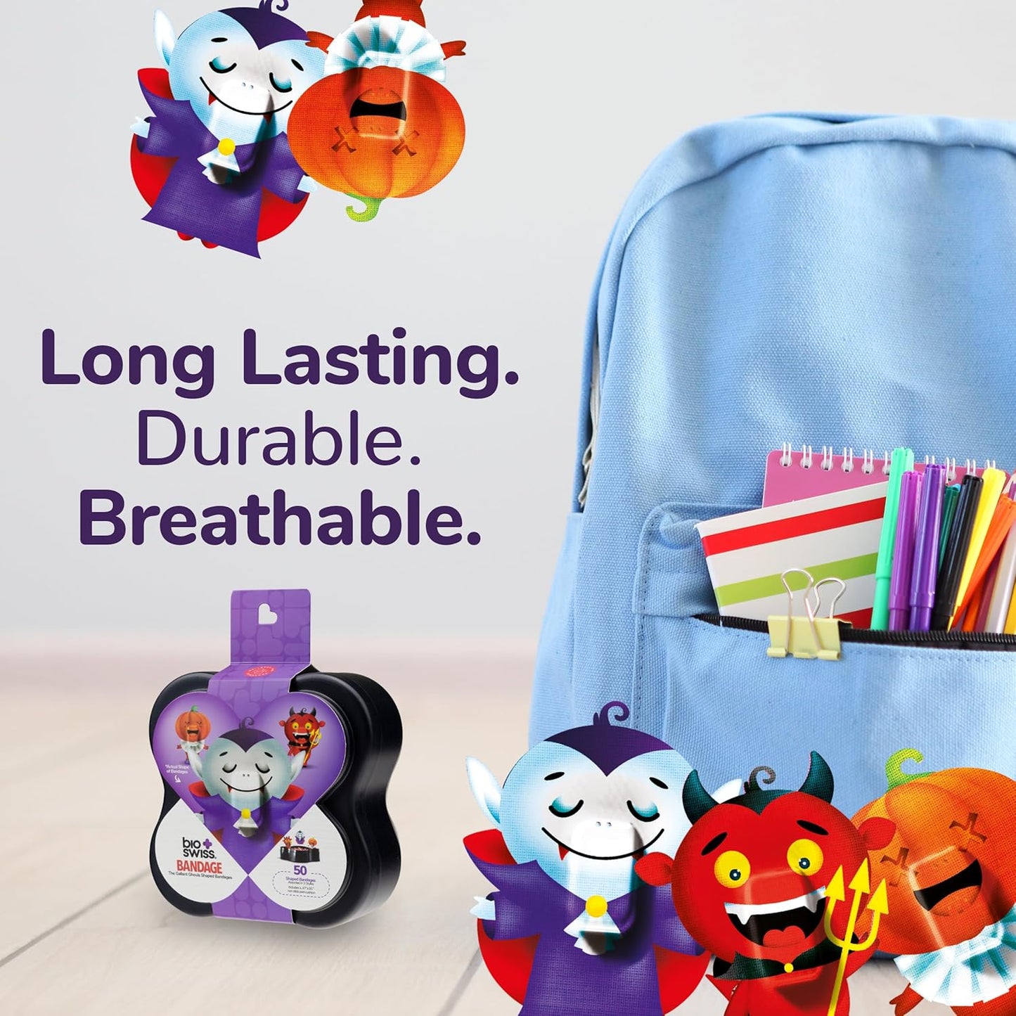 BioSwiss Bandages, Halloween Ghouls Shaped Self Adhesive Bandage, Latex Free Sterile Wound Care, Fun First Aid Kit Supplies for Kids and Adults, 50 Count