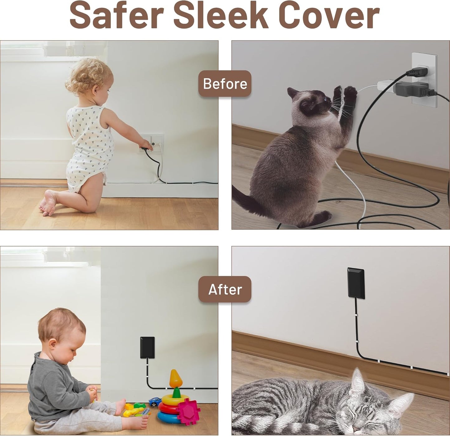 8FT Flat Plug Extension Cord with Cord Concealer Kit,3 Outlet Power Strip,Wall Extension Cord with Flat Plug for Baby Protection,Universal Size for Home,Bathroom with ETL Listed,Black