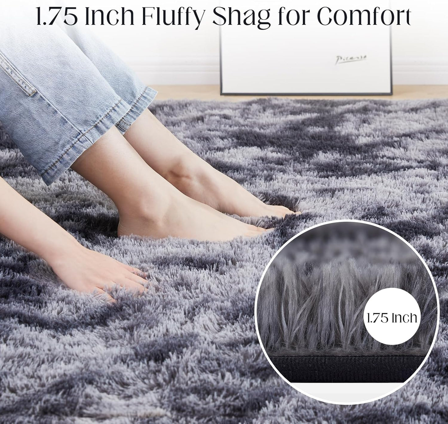 8x10 Fluffy Rugs for Living Room, Ultra Soft Plush Area Rug for Bedroom, Anti-Skid High Pile Indoor Carpet for Nursery, Kids Room, Playroom, Home Decoration, Tie-Dyed Dark Grey