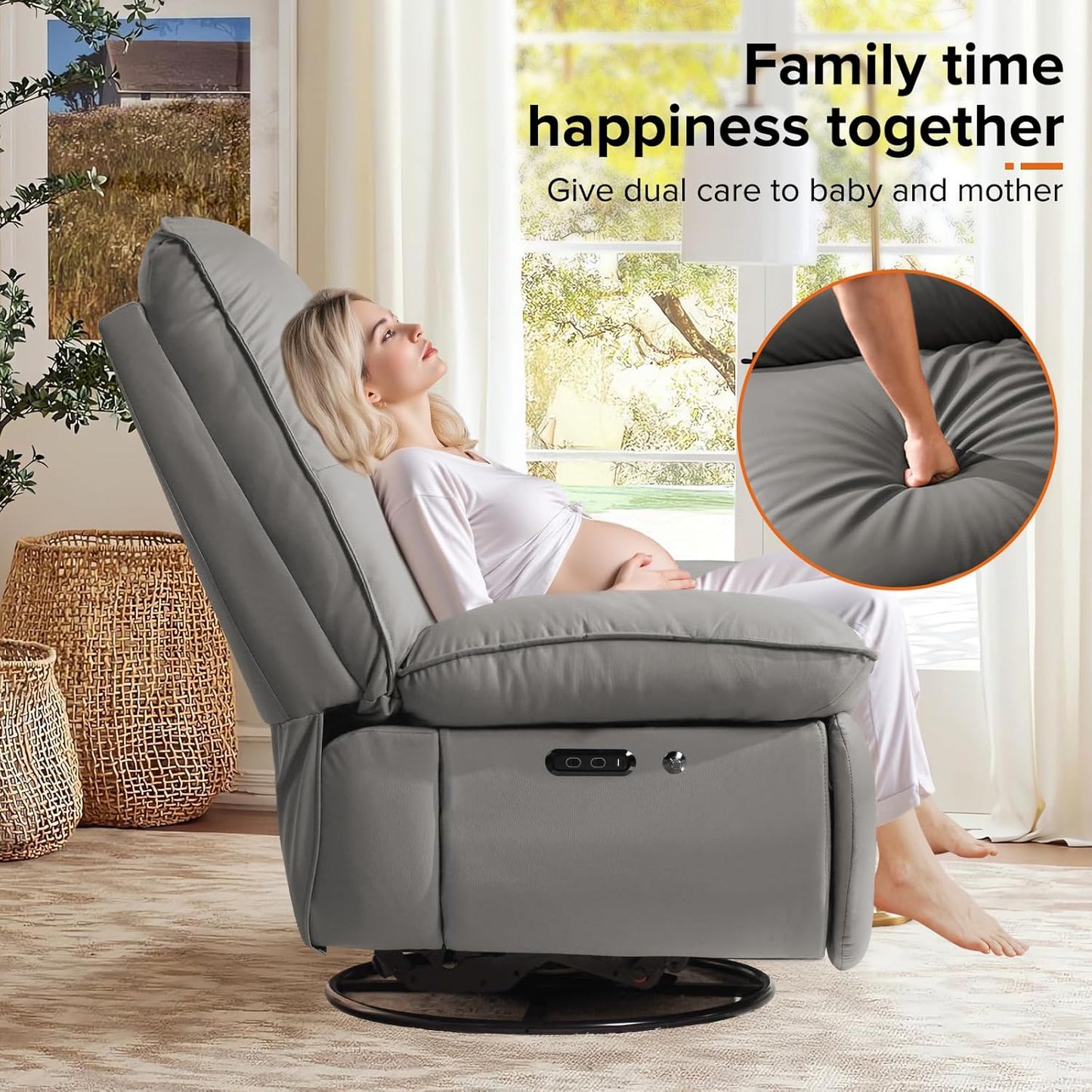 Rocking Chair Nursery with Power Adjustable, Electric Glider Recliner Nursing Chair for Breastfeeding with USB Port and Storage (Grey)