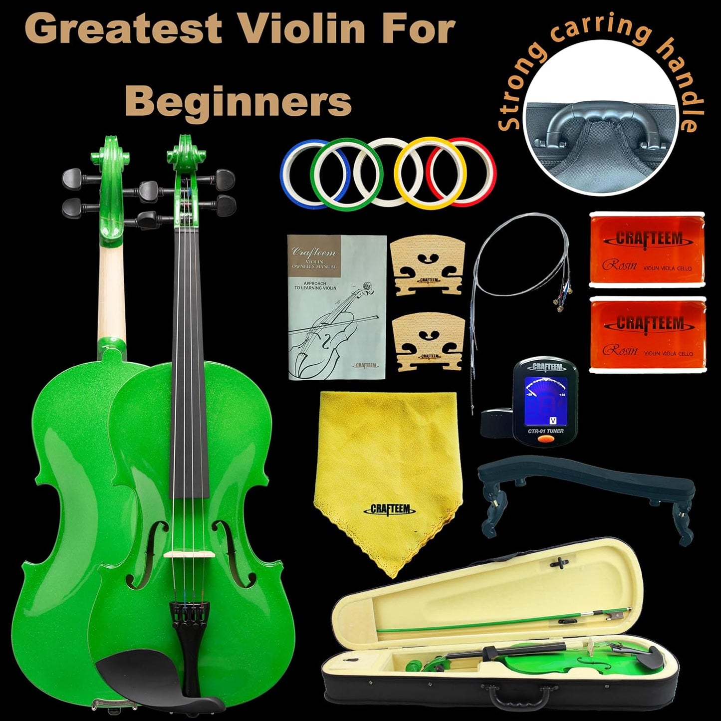 1/4 Fiddle Green Colored Premium Violin Outfit for Beginners Adults Kids With 5 Color Fingering Tape- Handcrafted Student Beginner Violin