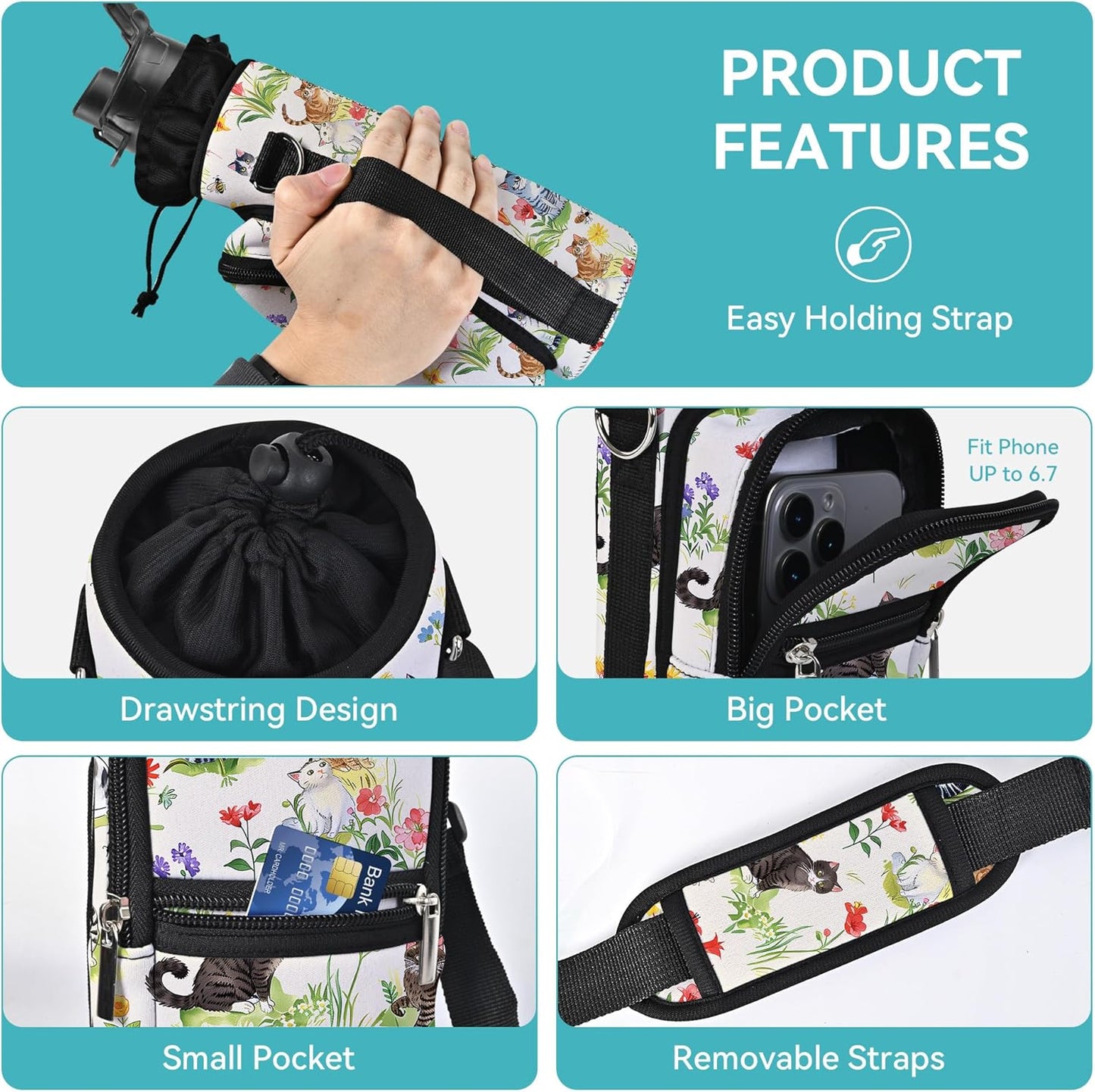 25/32/40/64oz Water Bottle Bag Holder Carrier-Insulated Crossbody Sling Case Sleeve with Strap & Pockets for Men Women Gym Cycling Travel Walking Hiking Camping