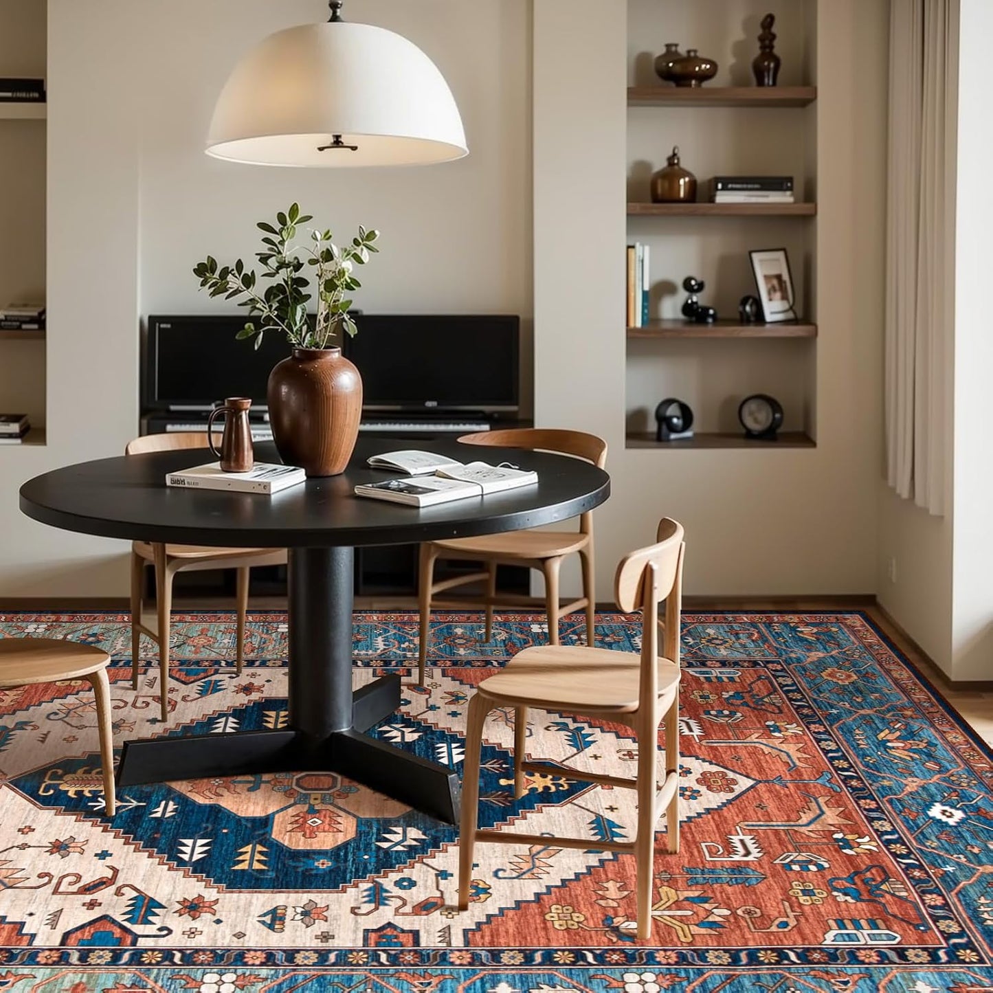 Lahome 8 x 10 Area Rugs for Living Room - Boho Washable Non-Slip Backing Large Rug Ultra-Thin Stain Resistant Dining Room Rugs for Under Table, Oriental Print Carpet Rugs for Bedroom (Rust, 8'x10')