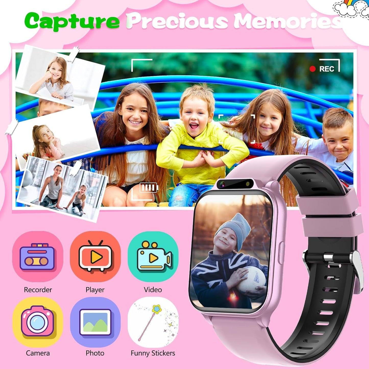 Smart Watch for Kids, 1.85" Fitness Tracker with Heart Rate, Sleep Monitor, IP68 Waterproof Smartwatches with Video Music, Pedometer, Game, NO APP/Phone, Gift for Boys Girls. (Classic, Pink)