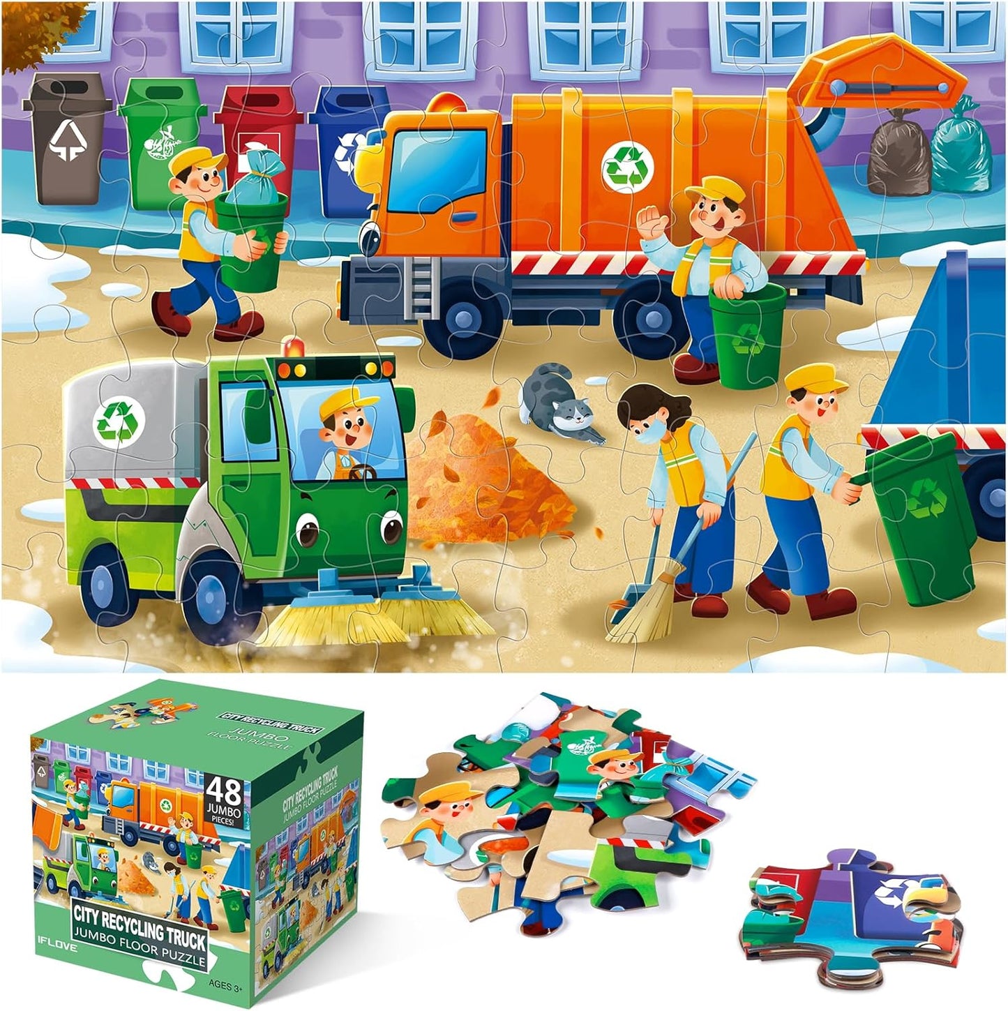 Jumbo Floor Puzzle for Kids,Recycling Garbage Truck Jigsaw Large Puzzles,48 Piece Trash Truck Vehicle Puzzle for Toddler Ages 3-5,Children Learning Preschool Educational Toys,Gift for 4-8 Years Old