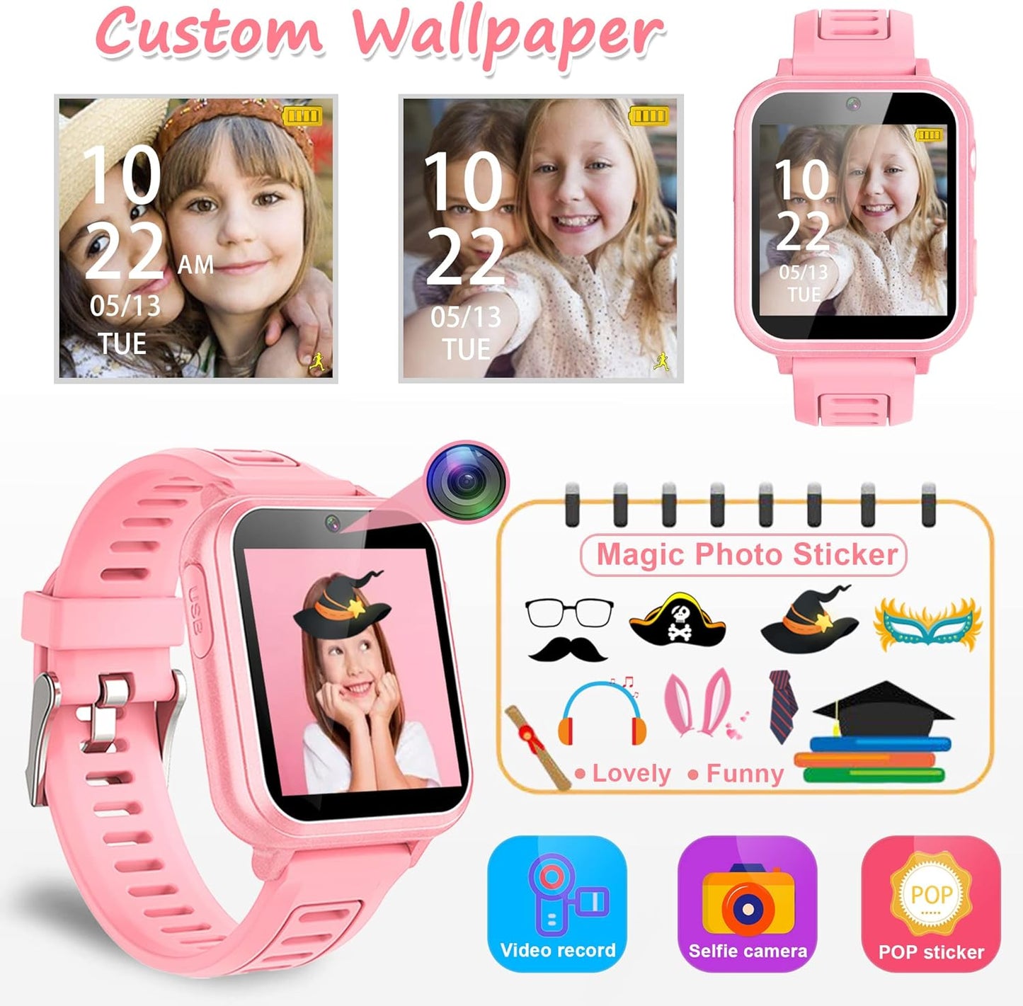 Smart Watch for Kids Gift for Girls Age 5-12, 1.54" Touch Screen Watch with HD Camera Video 24 Games Music Pedometer Flashlight Alarm Clock, Gifts for 7 8 9 10 Year Old Girls Boys