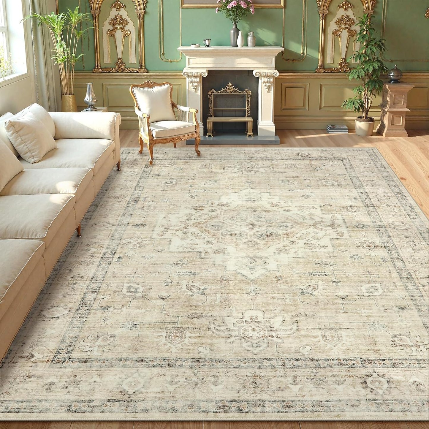 LIVEBOX Washable Area Rug 10x14 Rugs for Living Room Bedroom, Non-Slip Boho Neutral Carpet for Dining Room Office, Low-Pile Farmhouse Soft Carpets for Kids Nursery Room Playroom, Tan