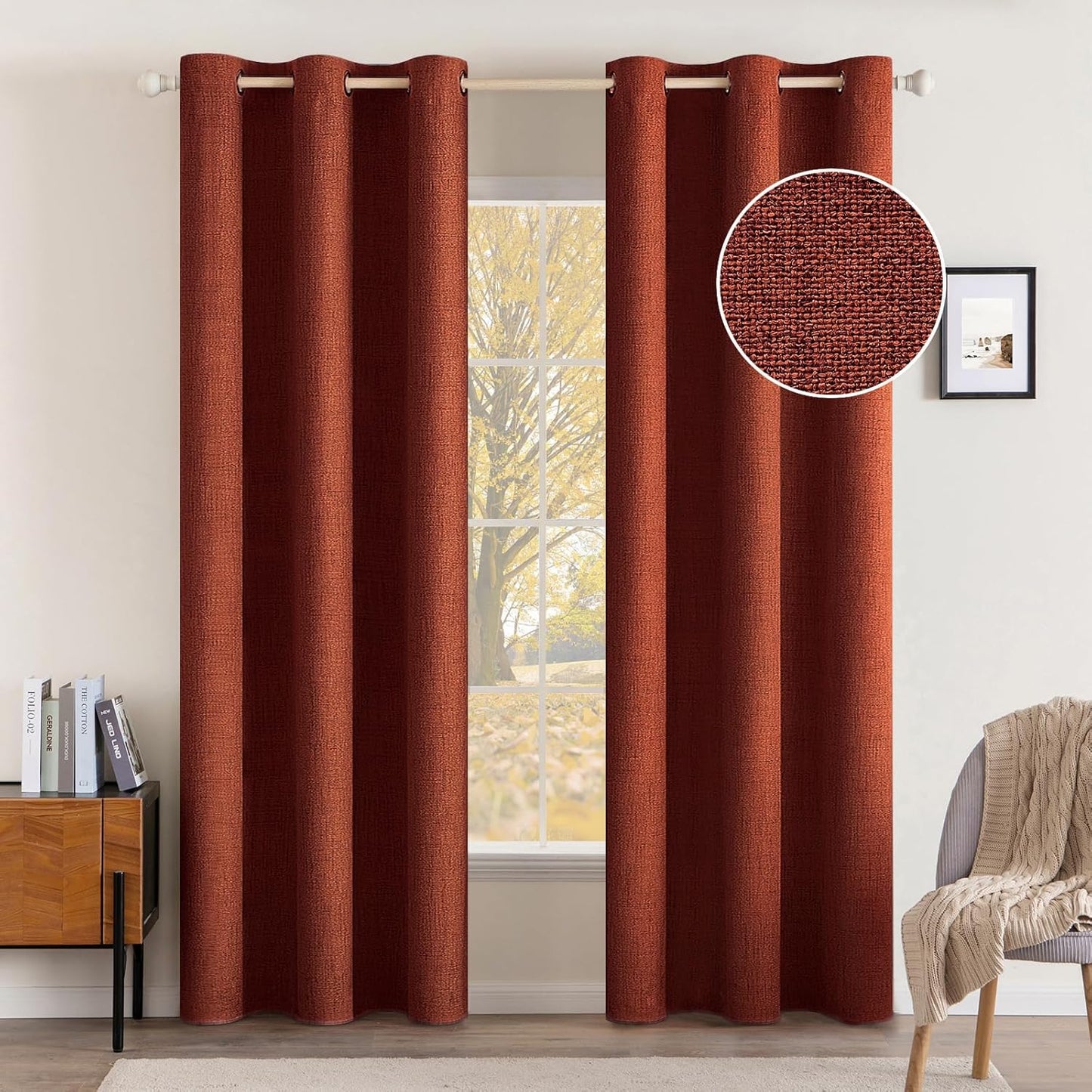 MIULEE 100% Blackout Linen Curtains Thermal Insulated Burnt Orange Fall Curtains Grommet Room Darkening for Living Room Bedroom Nursery Rust Terracotta 42 x 84 (2 Panels)