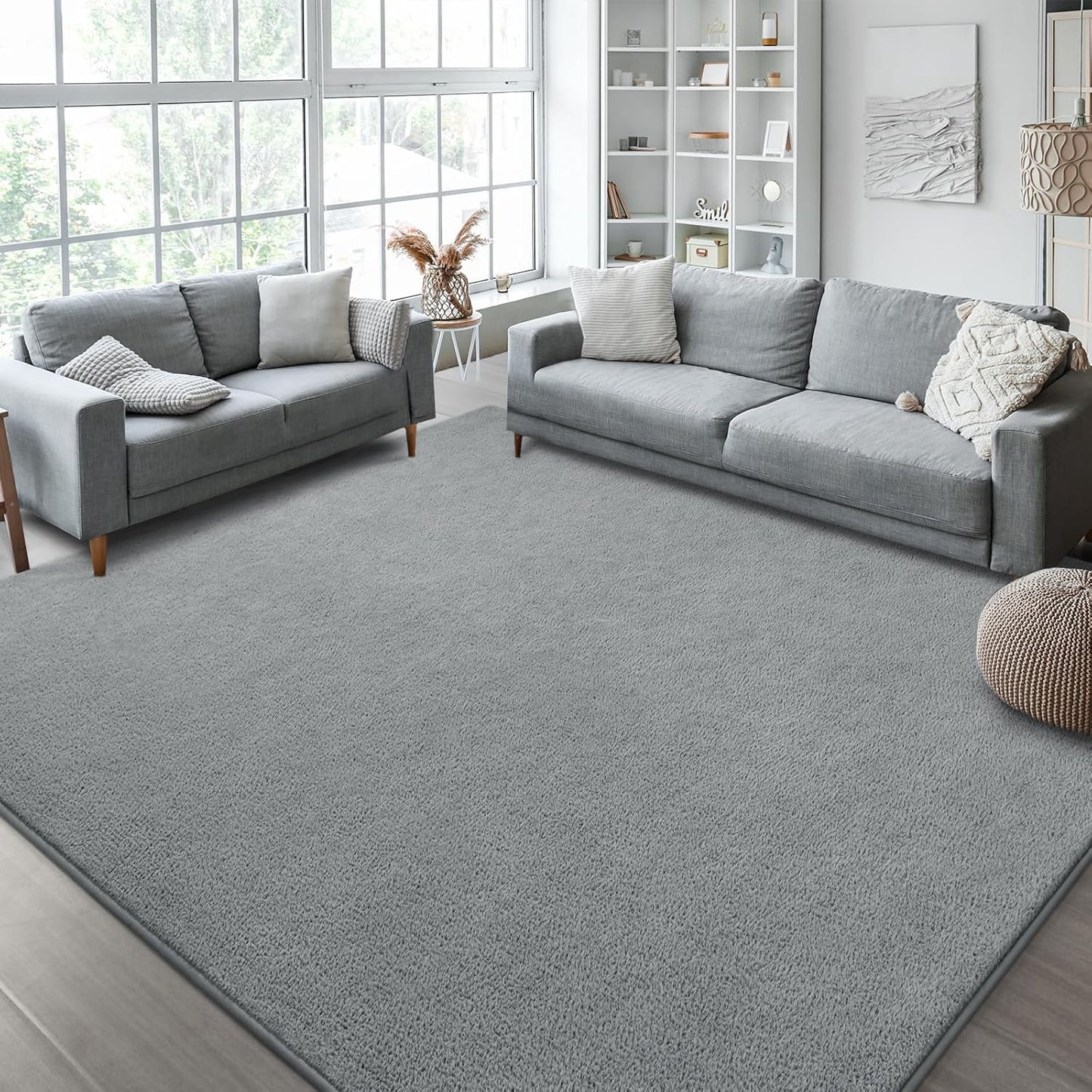 Kimicole 7x10 Washable Area Rugs for Living Room Bedroom, Large Low Pile Ulta-Thin Solid Color Rug, Non-Slip Soft Fluffy Carpet for Nursery Kids Room Dorm Room Home Decor (Grey)