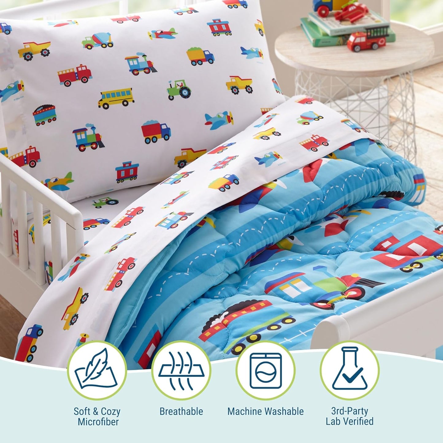 Wildkin Toddler Bed in a Bag – 4-Piece Microfiber Bedding Set with Comforter, Pillowcase & Sheets - Trains, Planes, and Trucks