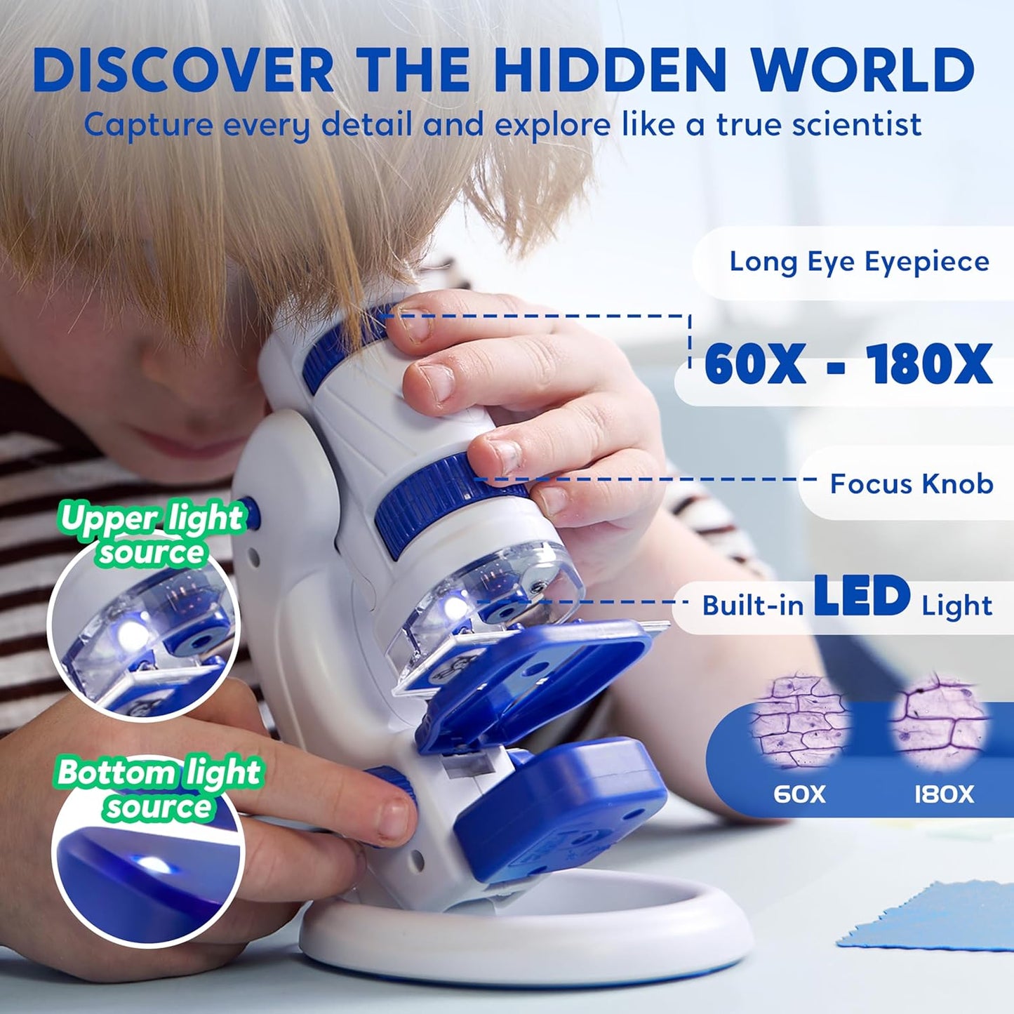 Klever Kits Microscope Explorer Set for Kids, 2 in 1 Science Experiment Toy with Portable Microscope and 12 Specimen Slides, 60X-180X, Educational Toys for Kids Aged 5+