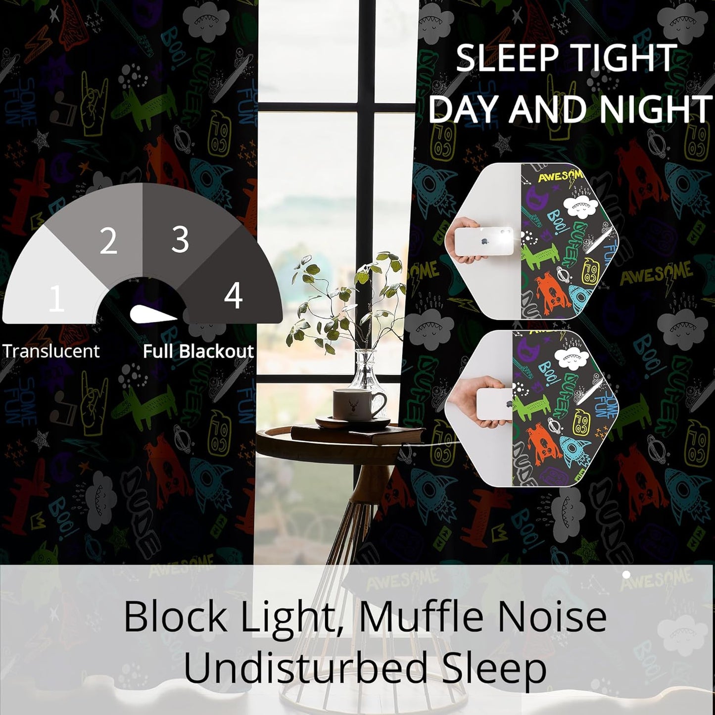 Kids Teen Graffiti Space Blackout Curtains - 100% Blackout, Thermal Insulated, Noise Reducing, Perfect for Kids Room and Nursery, 2 Panels (Graffiti Space Vibes, W52×L84)